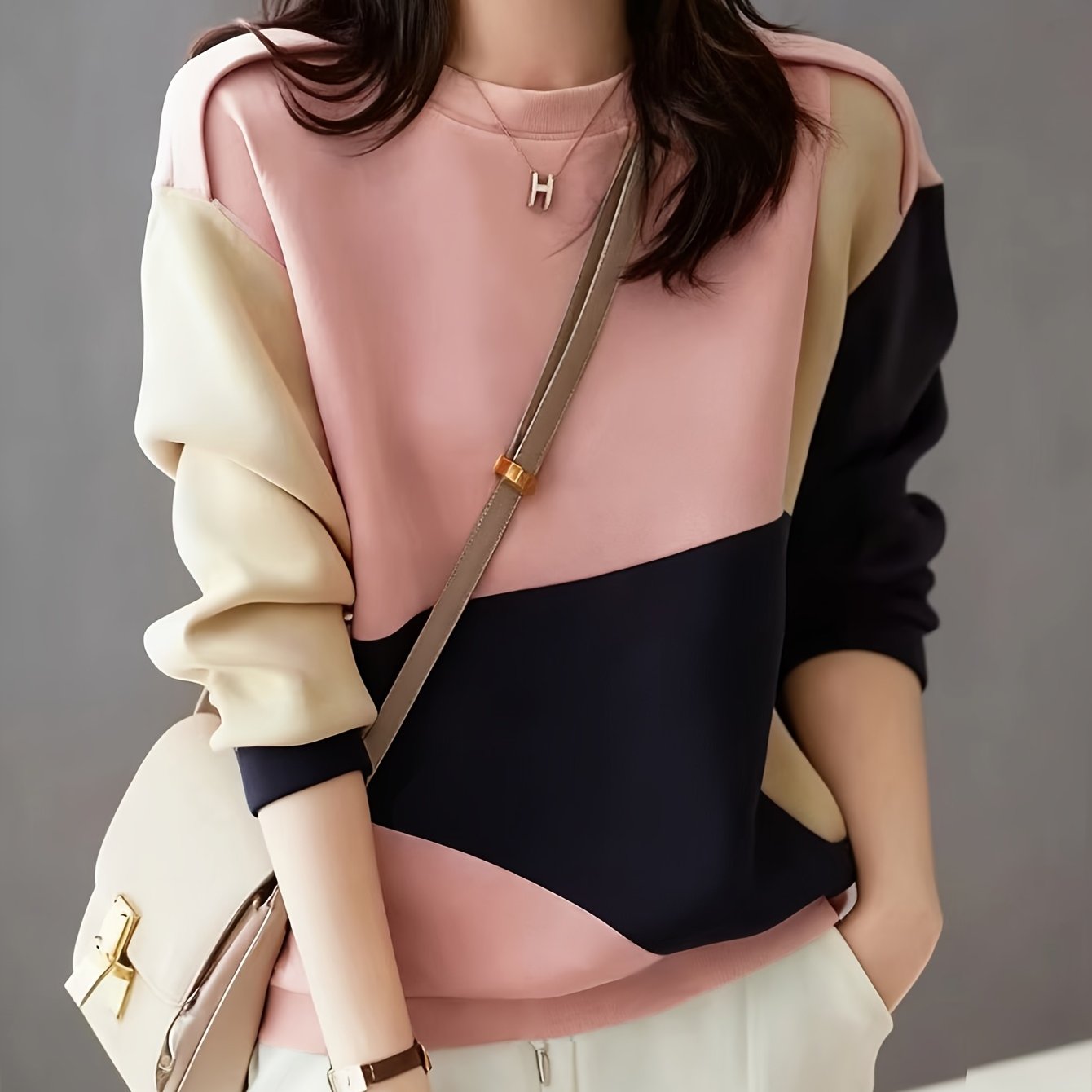 TEMU Sweat-shirt d'automne-hiver pour femmes, mode tendance, blocs de couleurs, motif géométrique, décontracté, , idéal pour les .
