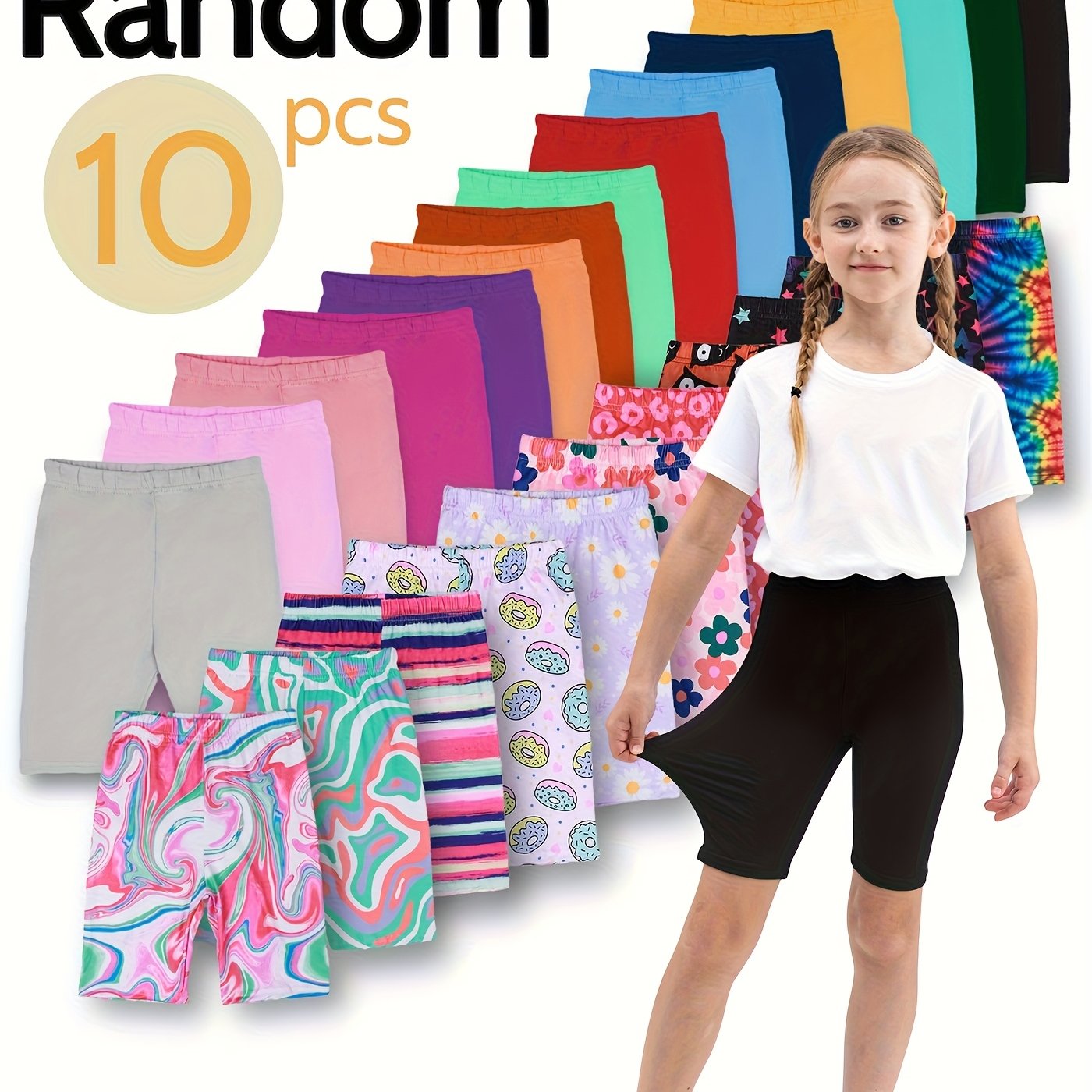 Image of 10pcs Random Flat-waist Knee-length Pants Set For Girls, Super Soft And Stretchy Casual Versatile Printed And Solid Color Flat-waist Leggings