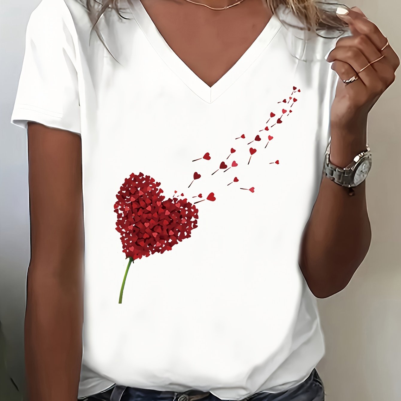 Image of Heart Print V-neck T-shirt, Spring/summer Casual Short Sleeve Top, Perfect Day Gift For Mom, Women's