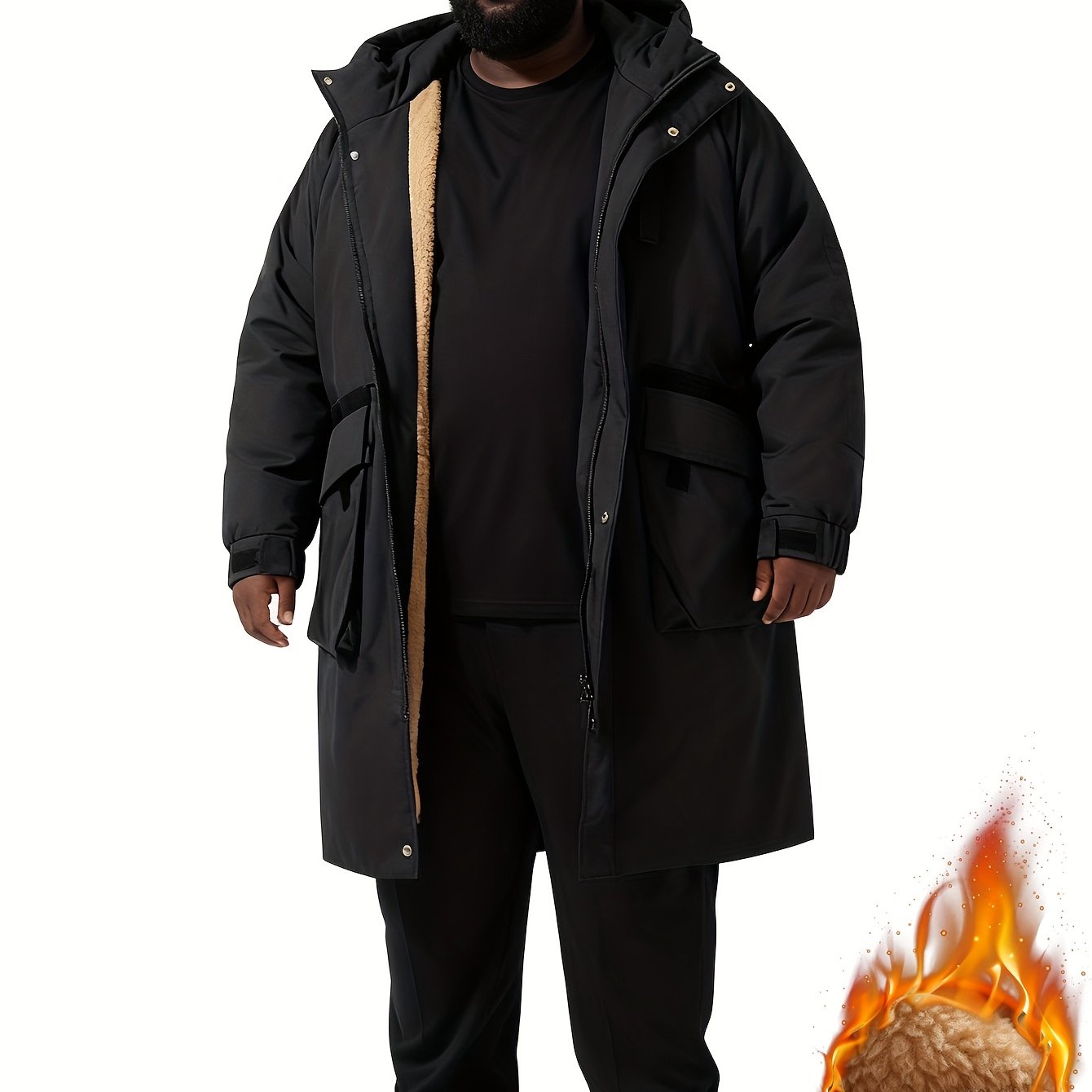 E-shop Herren Langarm Warme Kapuzenjacke - Lässige, Weite Winterjacke mit Schwarz-Orange Zweifarben-Design, Polyester für Kälte, ÜBERGRÖSSE