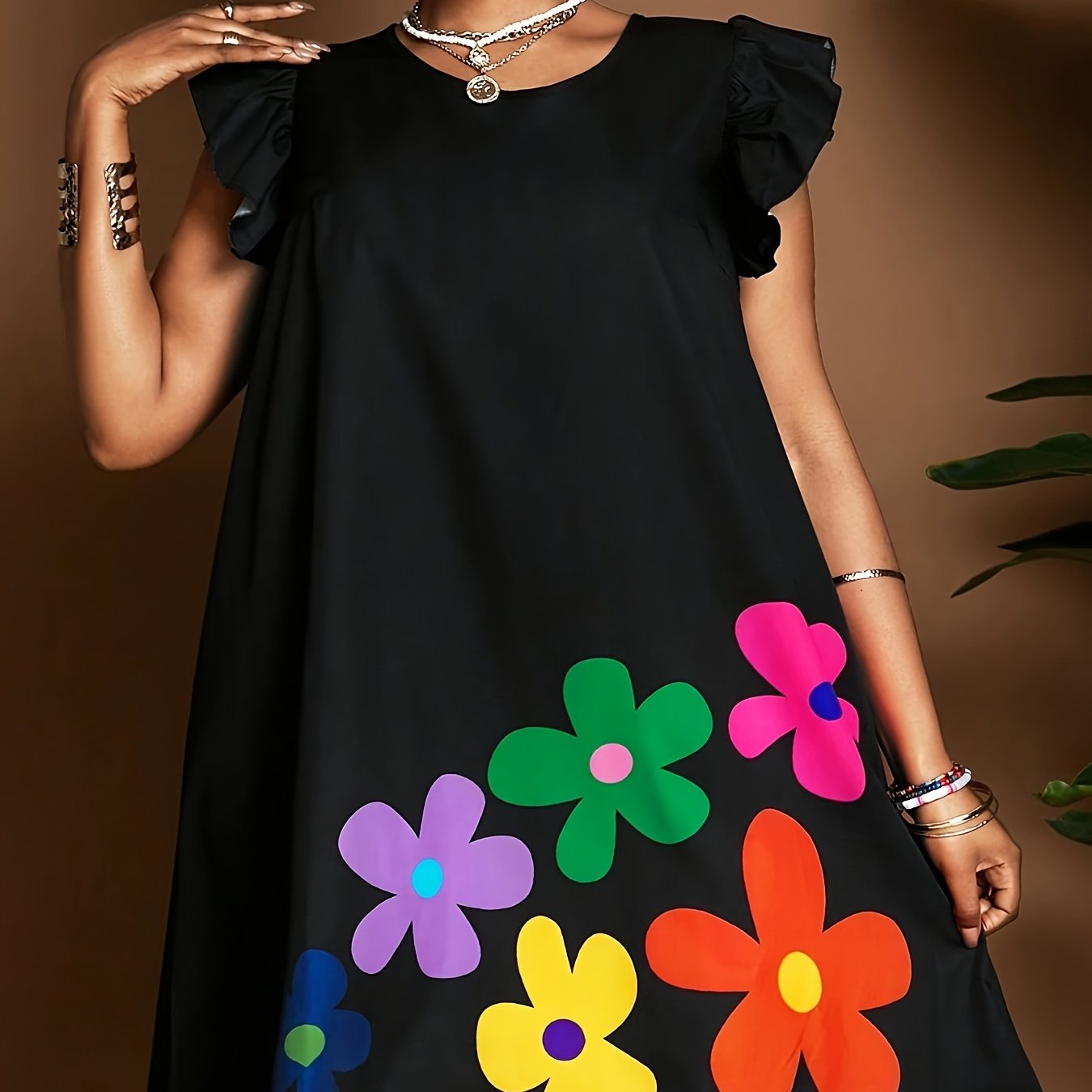 E-shop Plus Size - Plus Size - Plus Size Damenkleid Sommer Schwarz Lockerer Blumenmuster Damen Kleid Mid-Length