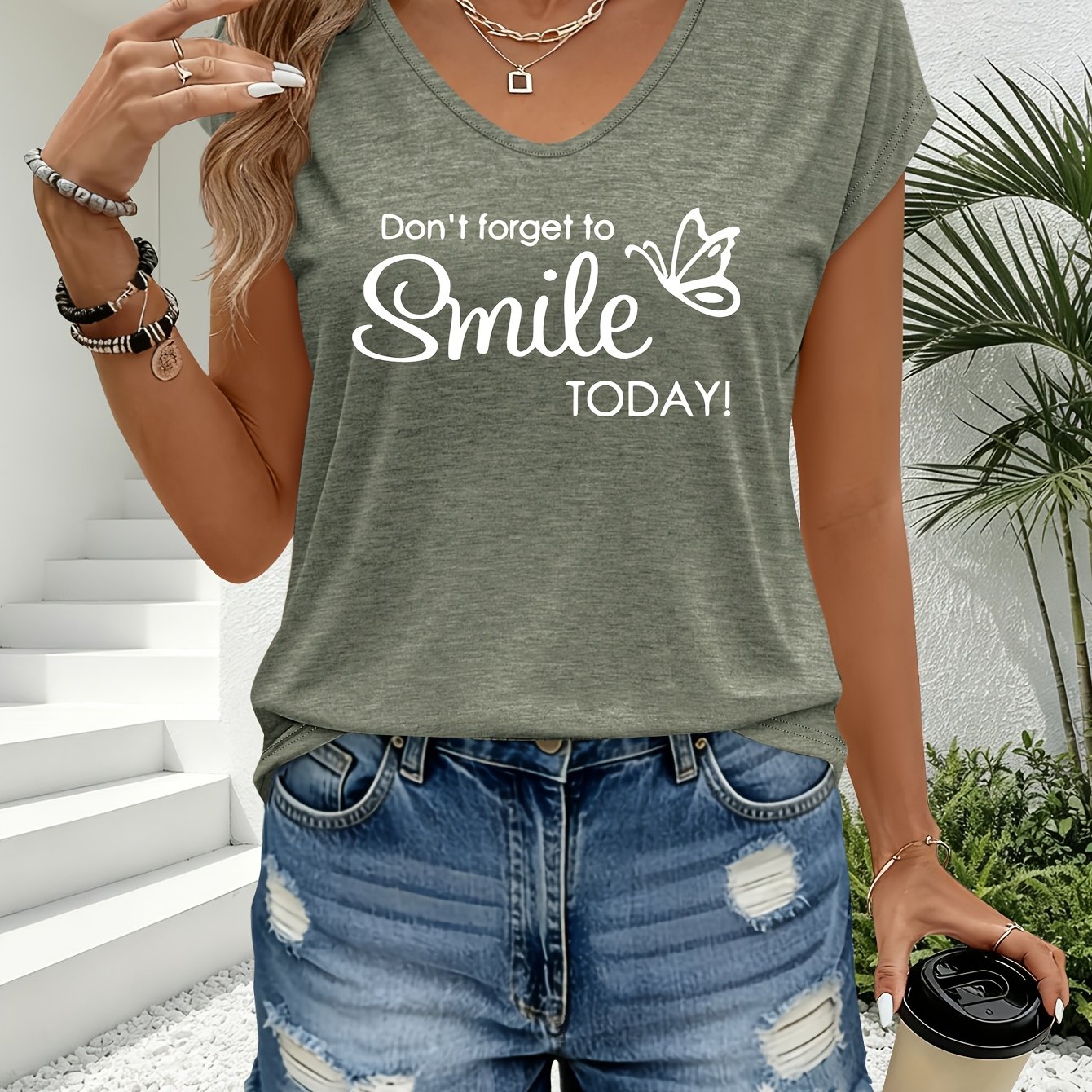 TEMU 1pc Printed Pattern Women's Colorful V-neck Cardigan T-shirt - Comfortable Spring And Summer Top, Machine Washable Regular Fit Shirt, Suitable