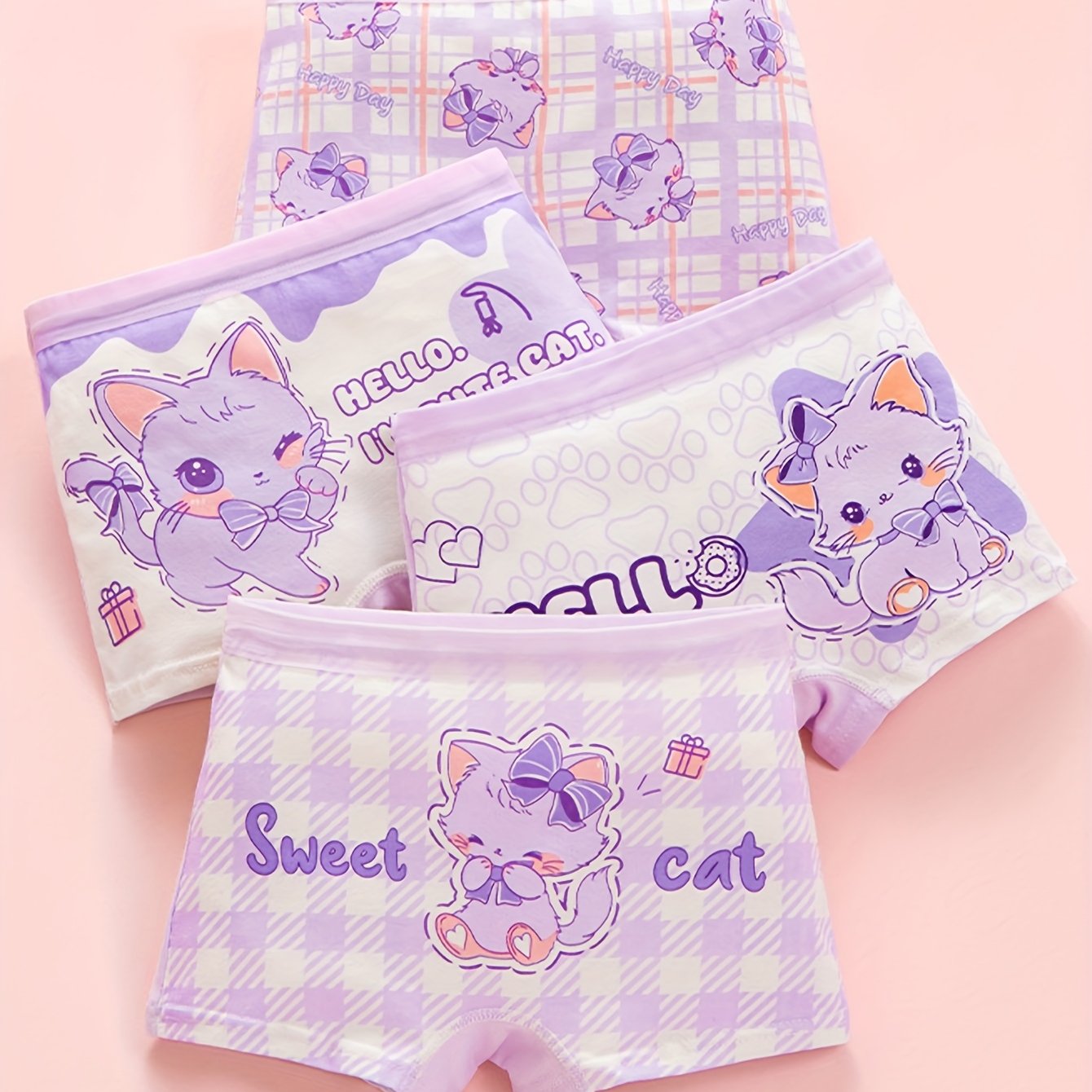 Image of 4pcs Set Girls Cartoon Cat Printed Boxers Underwear Cute Panties, Soft And Breathable Briefs, Boyshorts For Girl