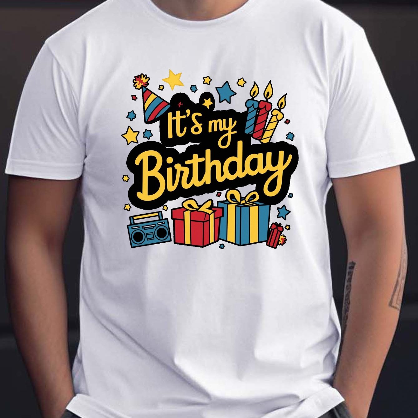 TEMU It's My Birthday Letter Gifts Graphic Print Men's Crew Neck Short Sleeve Tees, Casual T-shirt, Summer Trendy Comfortable Lightweight Top For Birthday Party Celebration