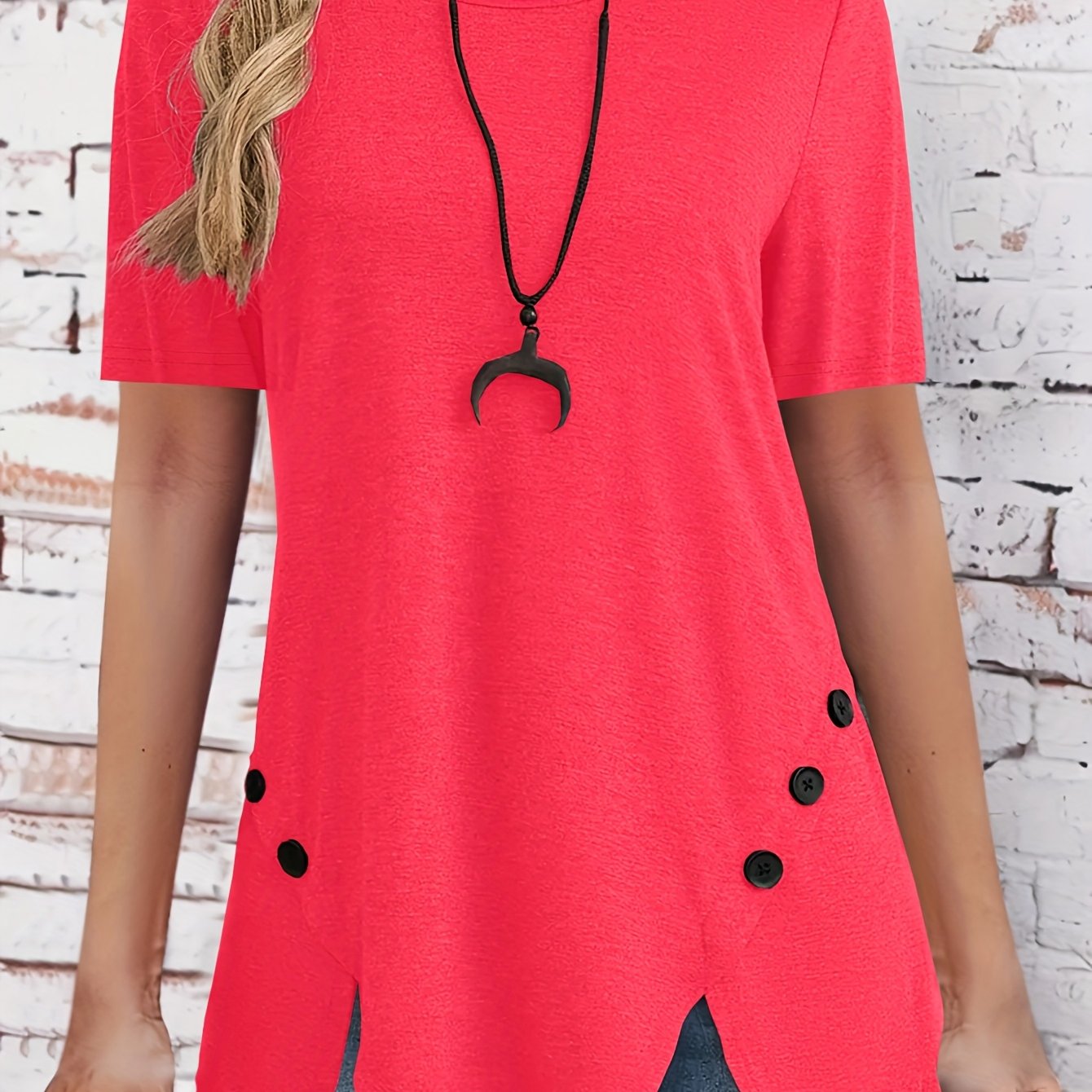Plus Size - Plus Size - Plus Size Women's Irregular Short Sleeve Round Neck Button-up T-shirt