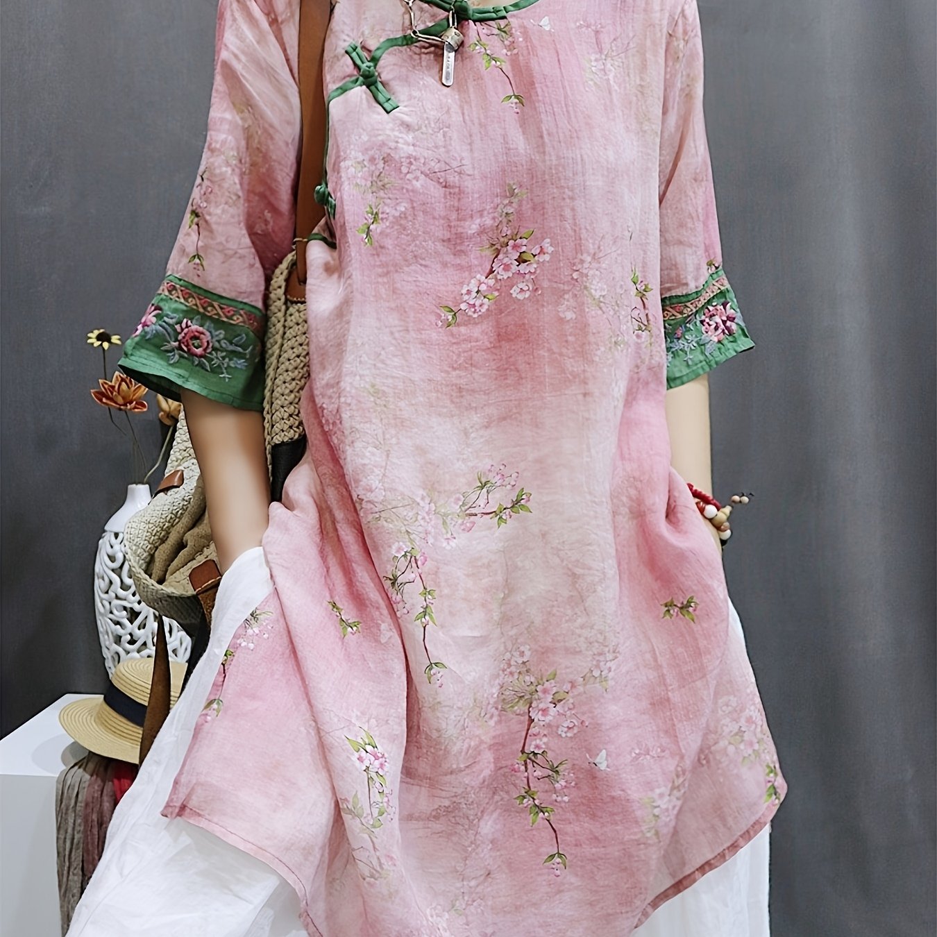Image of Traditional Chinese Style Women's Top, Vintage Printed Midi Shirt With Frog Closure And Embroidered Sleeves