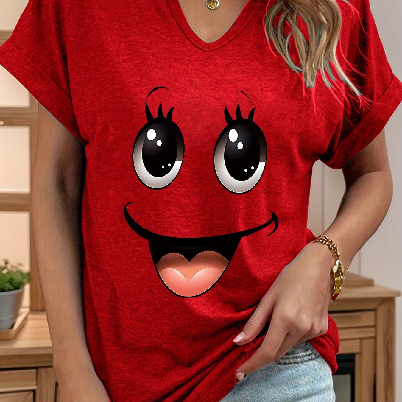 Image of Women's Cartoon Fashion, Eyebrow Eye, , Cute Pattern Printed T-shirt, Casual V-neck Notched Roll-up Sleeve Top, Summer And Spring Women's Clothing
