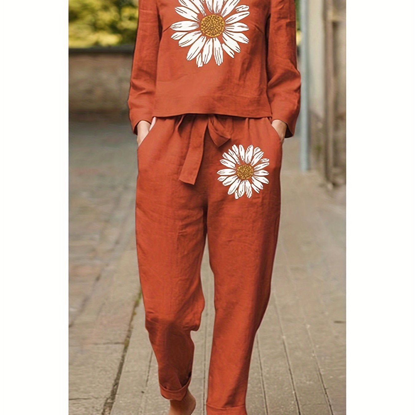 TEMU Women's Casual Daisy Print Two-piece Set - Vibrant Orange, Long Sleeve Top & Pants With Tie Waist, 100% Polyester, Machine Washable,