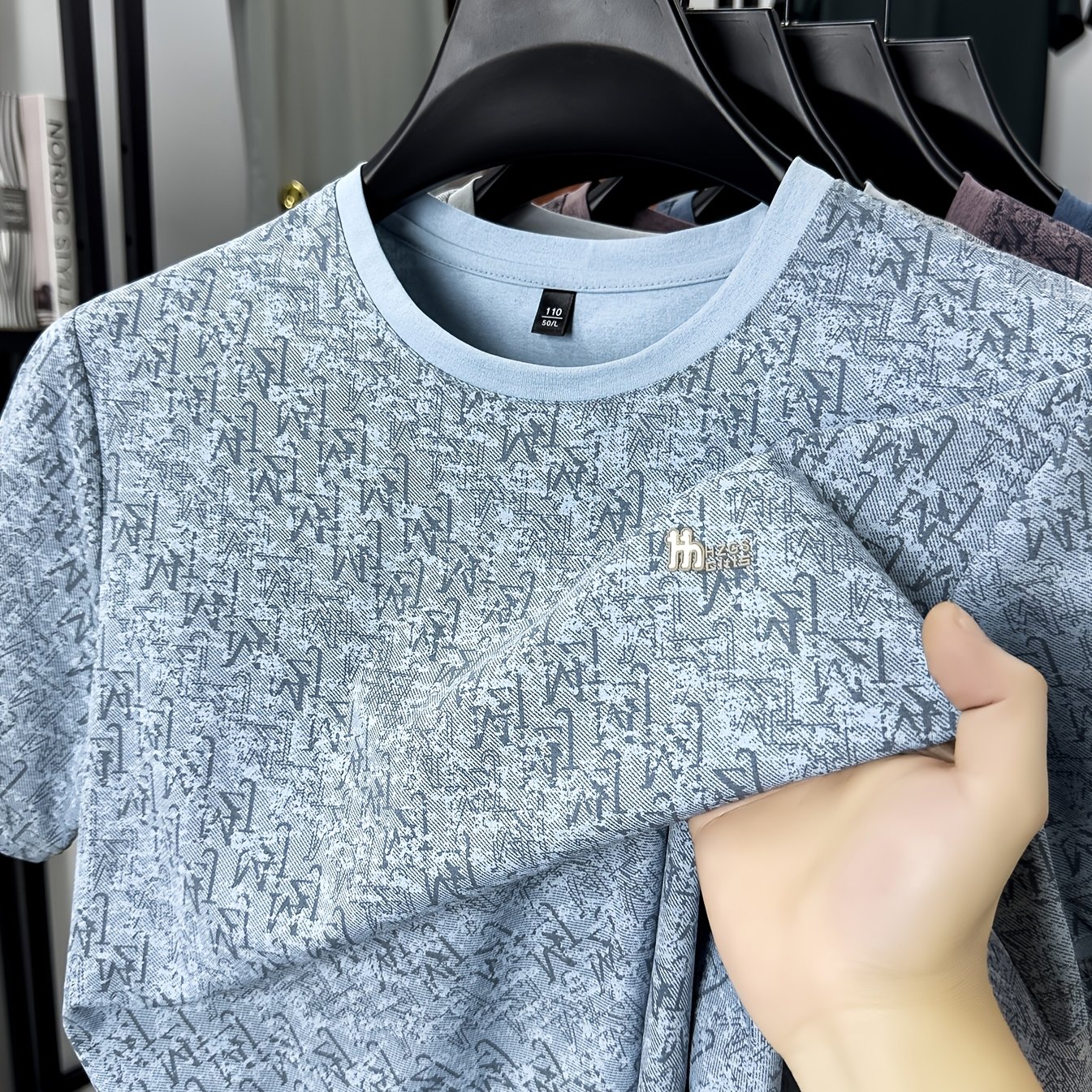 TEMU New Dark Pattern Print Round Neck Men's Short-sleeved T-shirt, Breathable, Comfortable, Casual, Skin-friendly, Versatile Short-sleeved Top