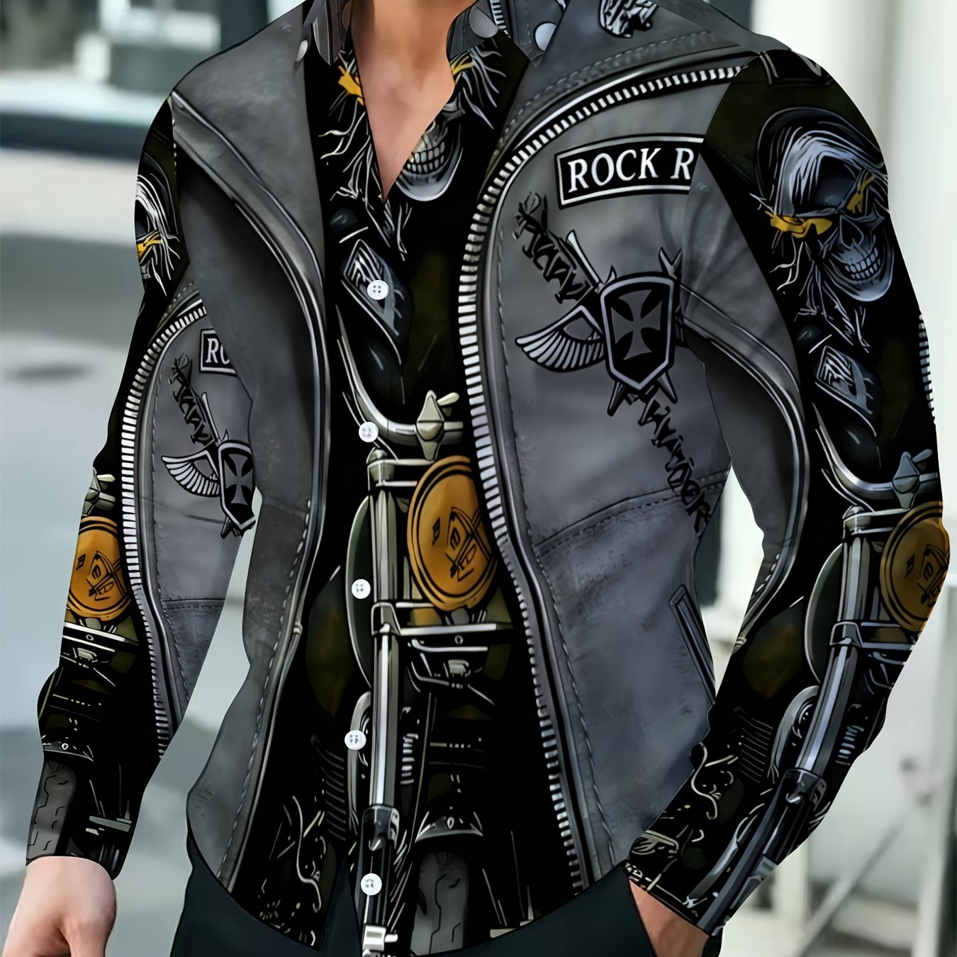 TEMU Men's Motorcycle Skull Print Long Sleeve Shirt, Rock Style Casual Button-up Top