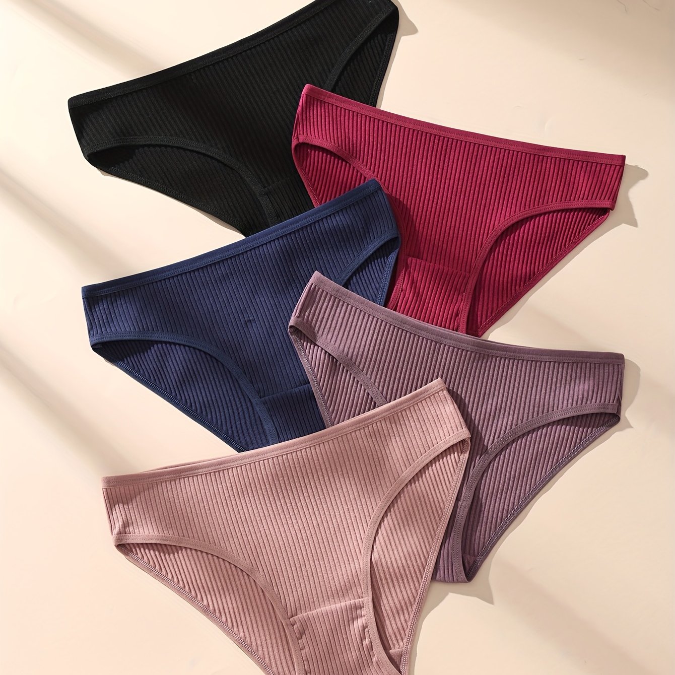 Image of 5pcs Multicolor Ribbed Autumn And Winter Women's Low-waist Panties, Breathable ' Triangle Panties, Soft And Comfortable Women's Fashion Easy Women's Panties