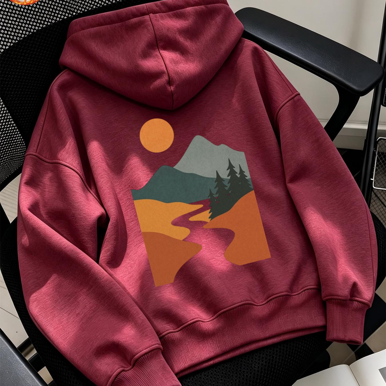 Image of Y2k Women's Hoodie: Black Pullover With , Mountain & River Print. Loose, Soft, Casual & Comfy. Easy, Versatile For. Machine Washable. Ships From Local Warehouse