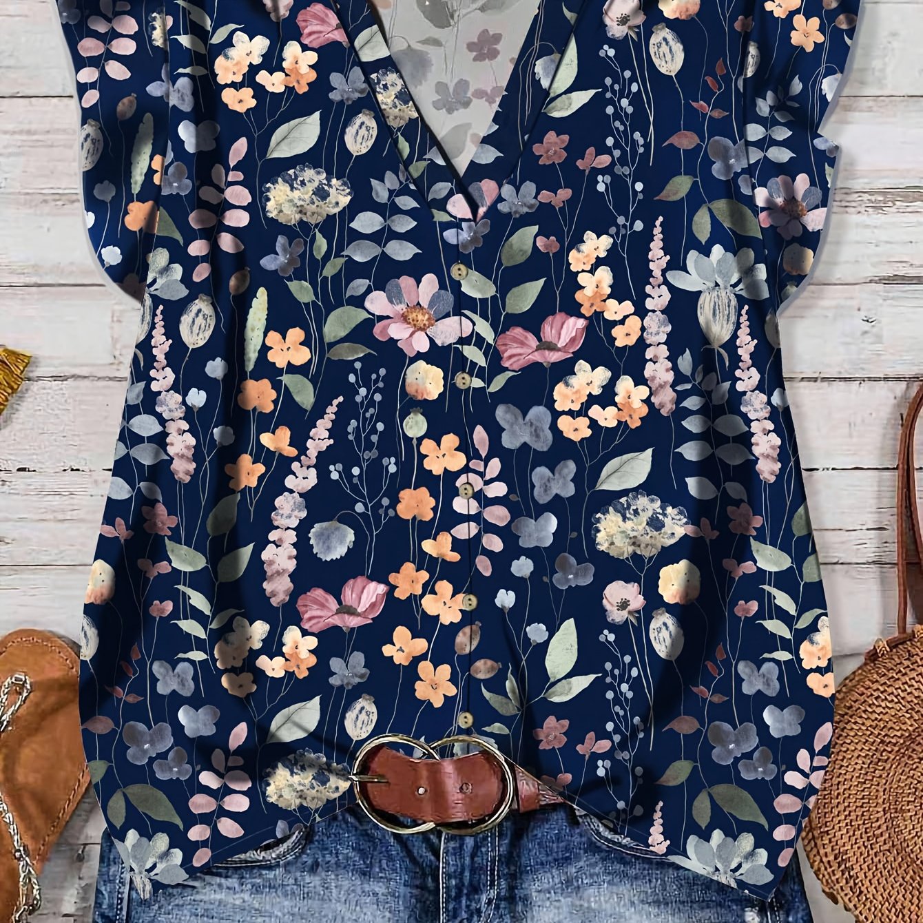 E-shop Blumenmuster Damen Blaues Casual Hemd, für den Sommer