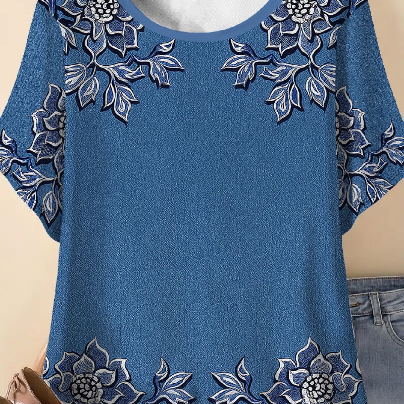 TEMU Plus Size, [print Design- No Texture] For Size Women!blue Floral Print Women's Summer T-shirt, Casual Bohemian Style, Suitable For Daily Wear,