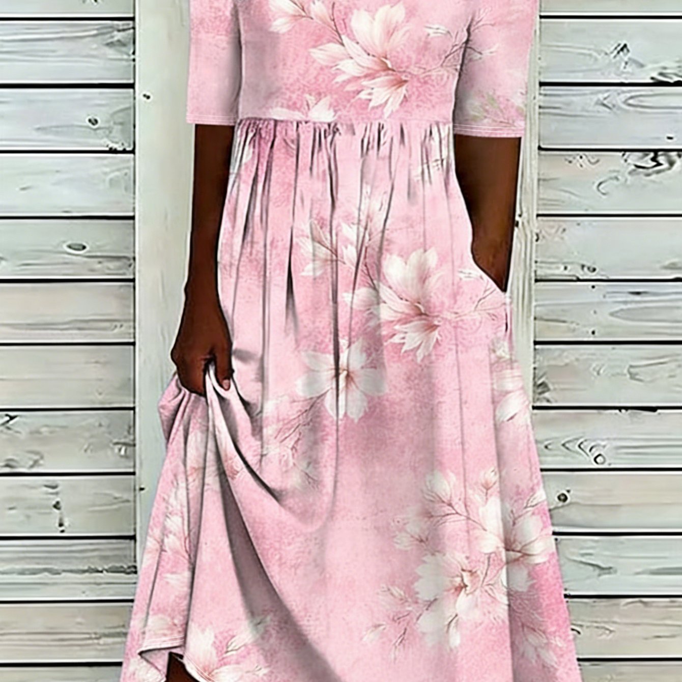 Image of Women's Floral Print Round Neck Half Sleeve A-line Dress Summer Loose Fit Flowy Midi Dress Casual Style Boho With Pockets For Daily& Vacation Wear