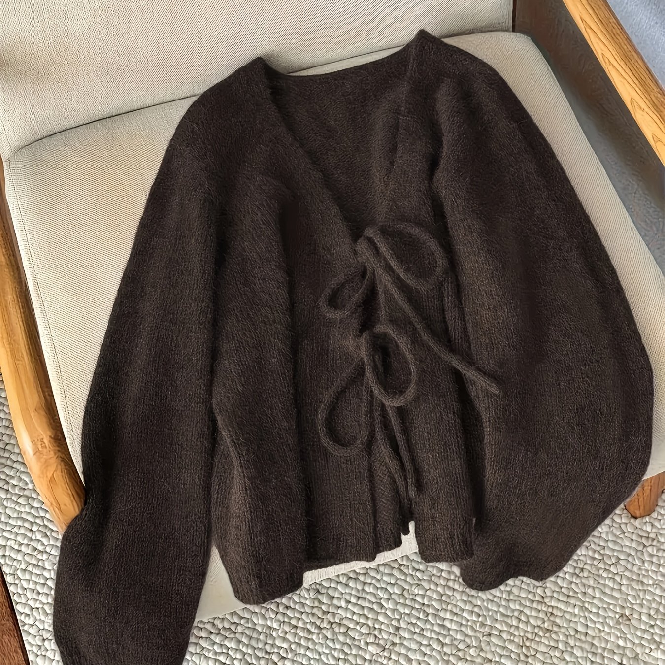 E-shop Neuer modischer französischer Stil eleganter lockerer Damen-Cardigan in Unifarbe mit langen Ärmeln Bindegürtel vorne