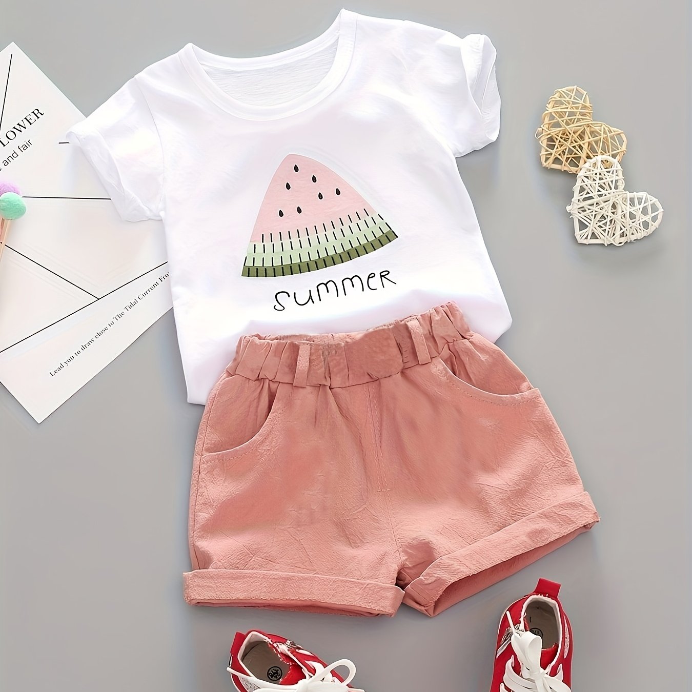 Image of Girls' Summer Round Neck Watermelon Print Short Sleeve Casual Shorts Two-piece Set, Perfect For Outdoor