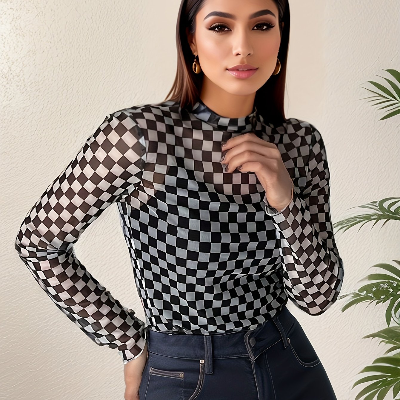 E-shop Damen T-Shirt mit Stehkragen, Karomuster Netzstoff
