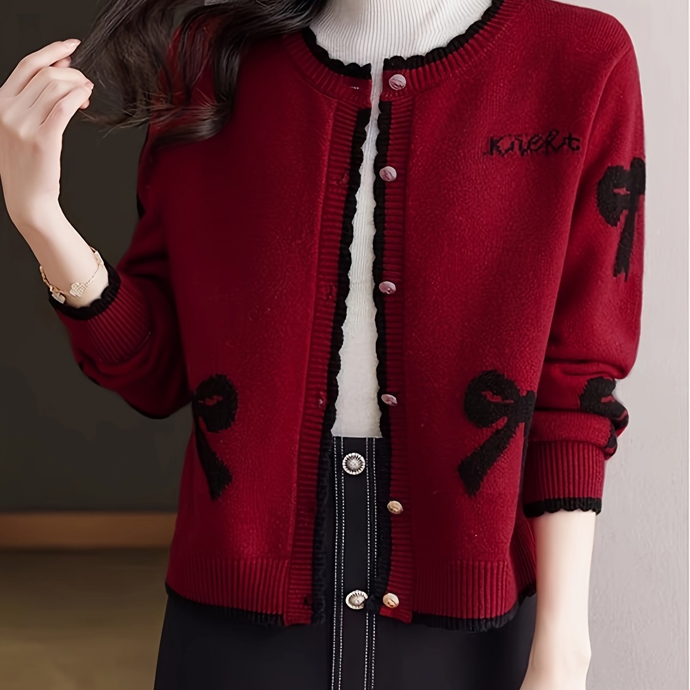 TEMU Bowknot Knit Cardigan - Long Women's Sweater, Machine , Polyester