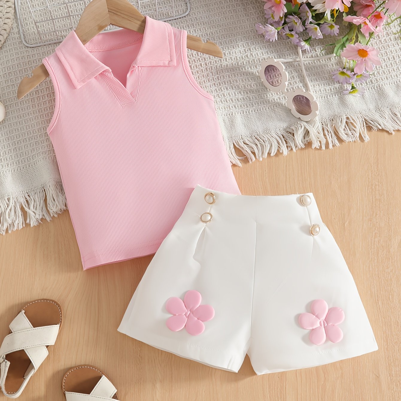 Image of Girls' Collared Sleeveless Solid Top And White Shorts Fashion Outfit Summer Trendy Kids Outdoor Wear, For Outdoor, Christmas, Halloween