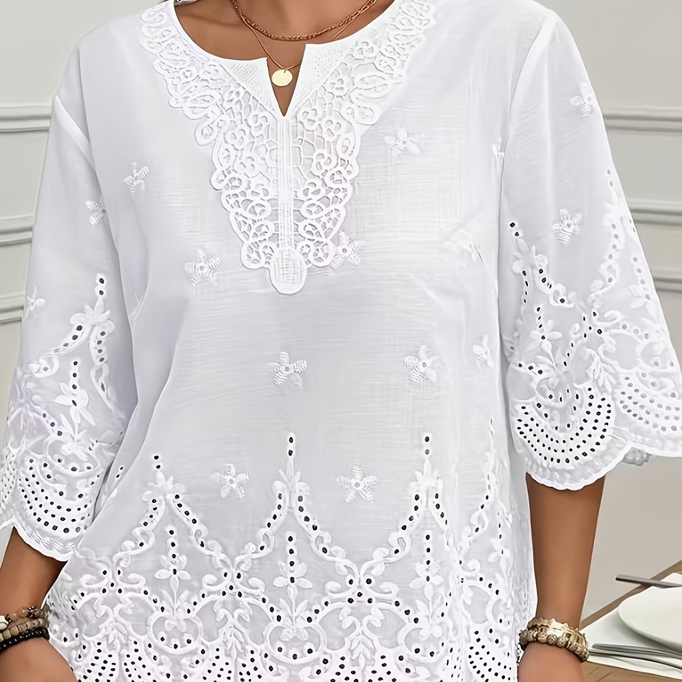 TEMU And Summer Collection, Elegant V-neck Blouse For Women Featuring Floral Embroidery And Lace Design, With A Lotus Edge Hem And Cuffs, Lightweight