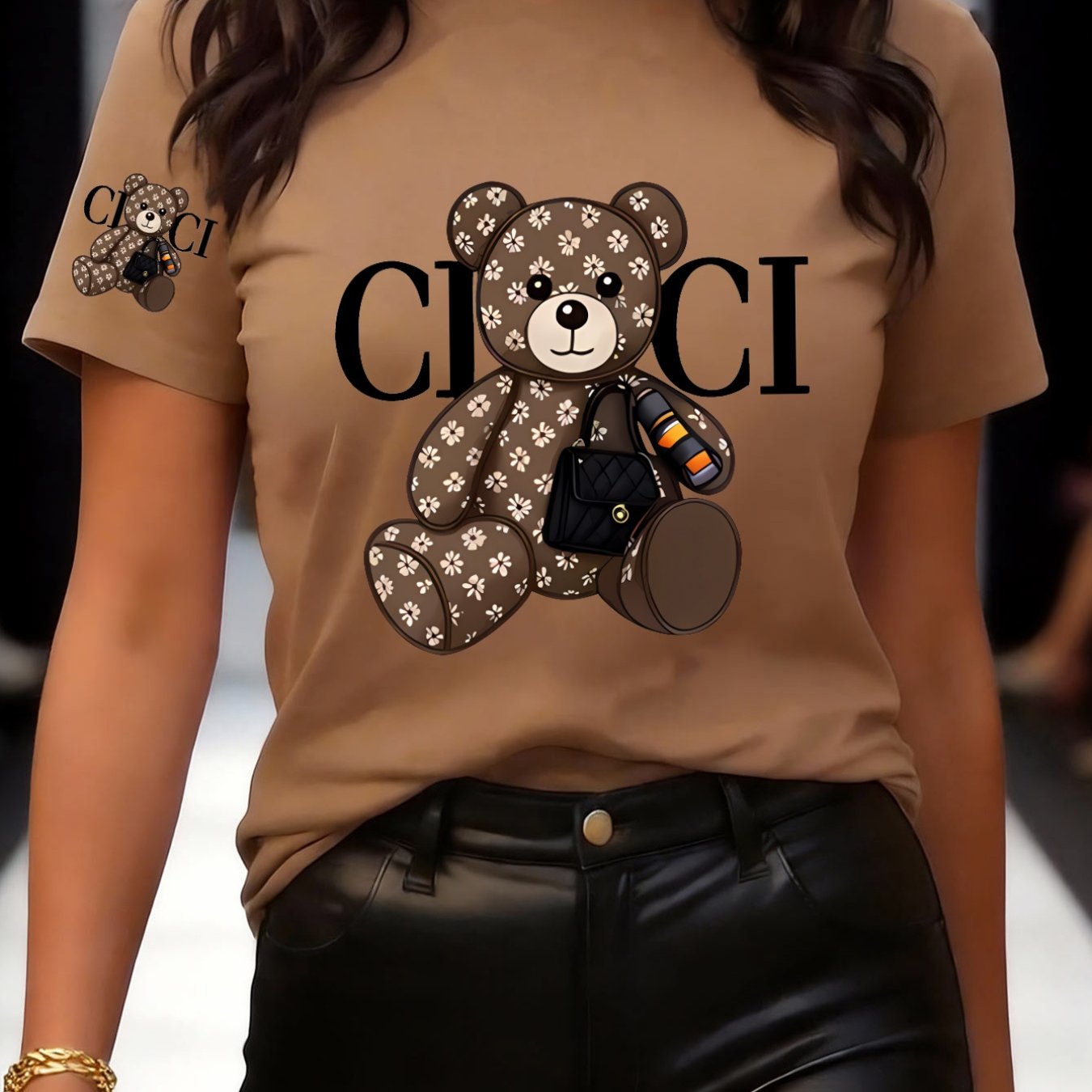TEMU Neck Short Sleeve T-shirt With Bear Print, Handbag And , Fashionable And Cute Pattern Print - Elegant And Stylish - Y2k - Women's Casual Sporty