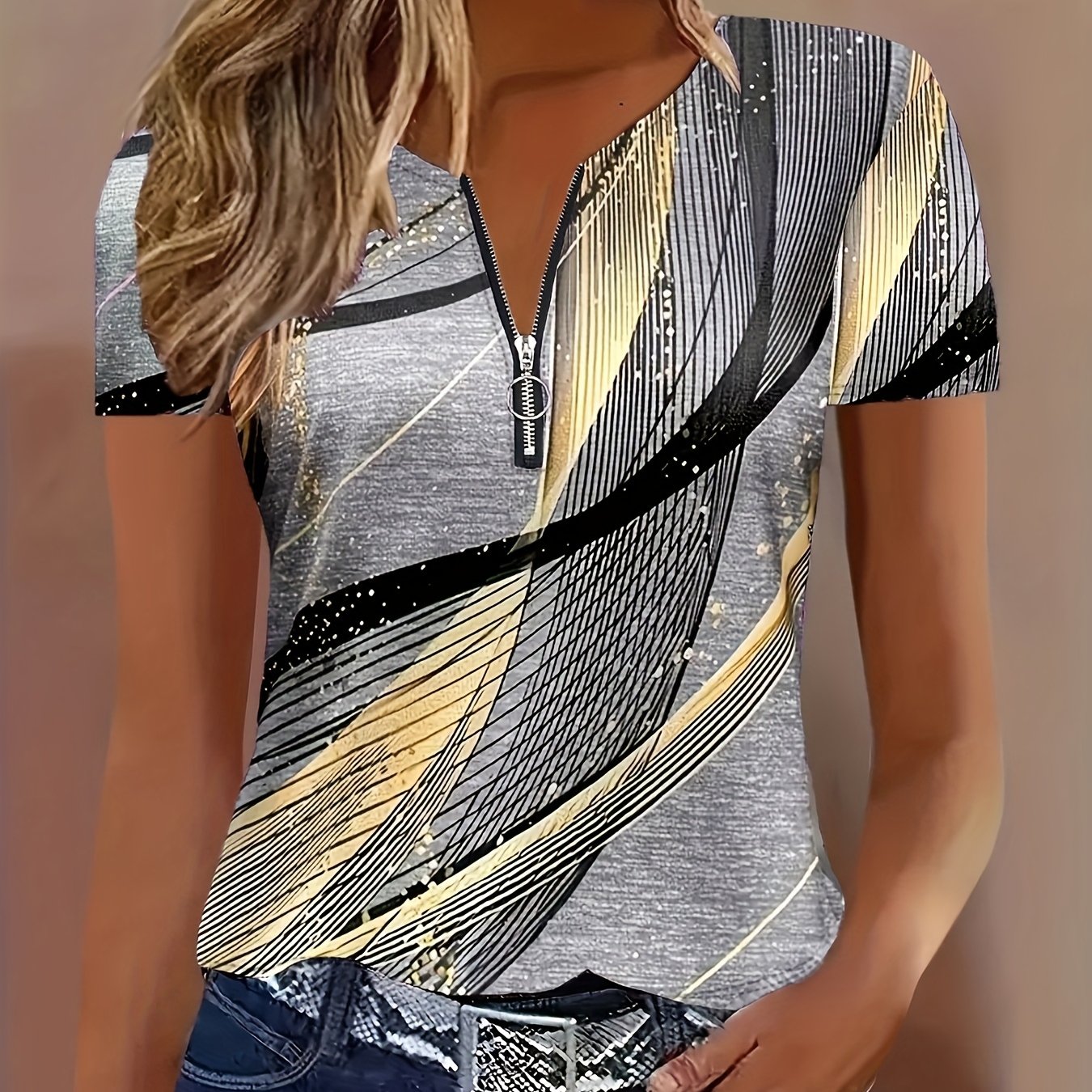 Image of Women's Elegant Color-block Abstract Print Short Sleeve T-shirt - Summer Casual Top With Zipper Detail, Regular Fit, Hand Wash Only, Ladies T Shirts, , Soft Texture Shirt