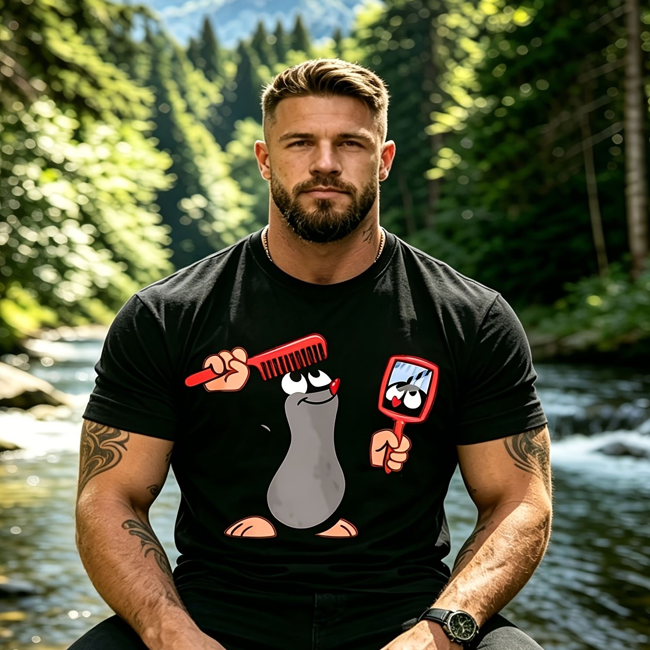 Image of Funny Mole With Comb Mirror Print Men's Casual Tee Daily Streetwear Outdoor Workout T-shirt Outdoor Leisure Breathable