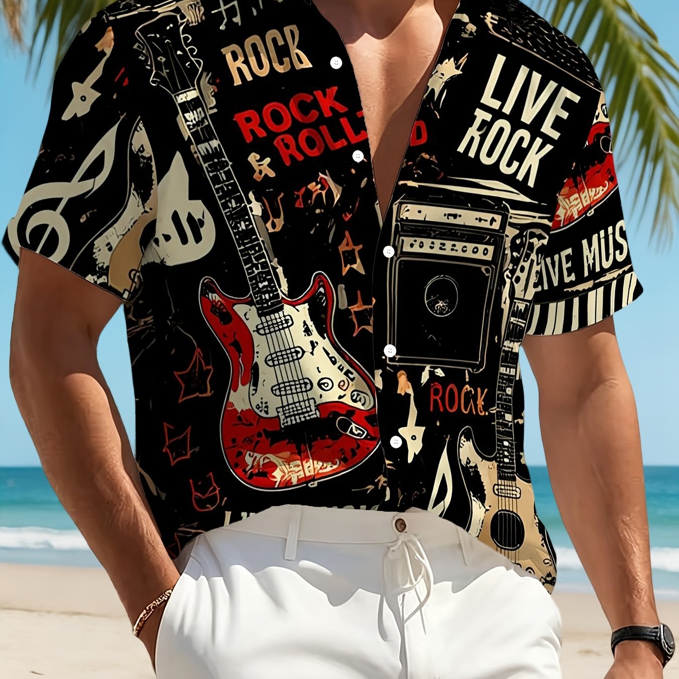 TEMU Retro Rock Hawaiian Shirt, Full Guitar Print Button-up Collar Short Sleeve Shirt, Lightweight And Breathable, Suitable For Music Festival