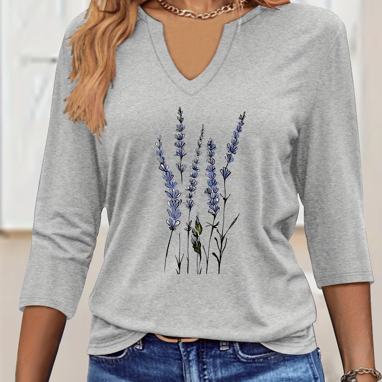 TEMU Graphic Print T-shirt, V-neck Three-quarter Sleeve T-shirt, Elegant Solid Color Top For Spring And Summer, Women's Wear