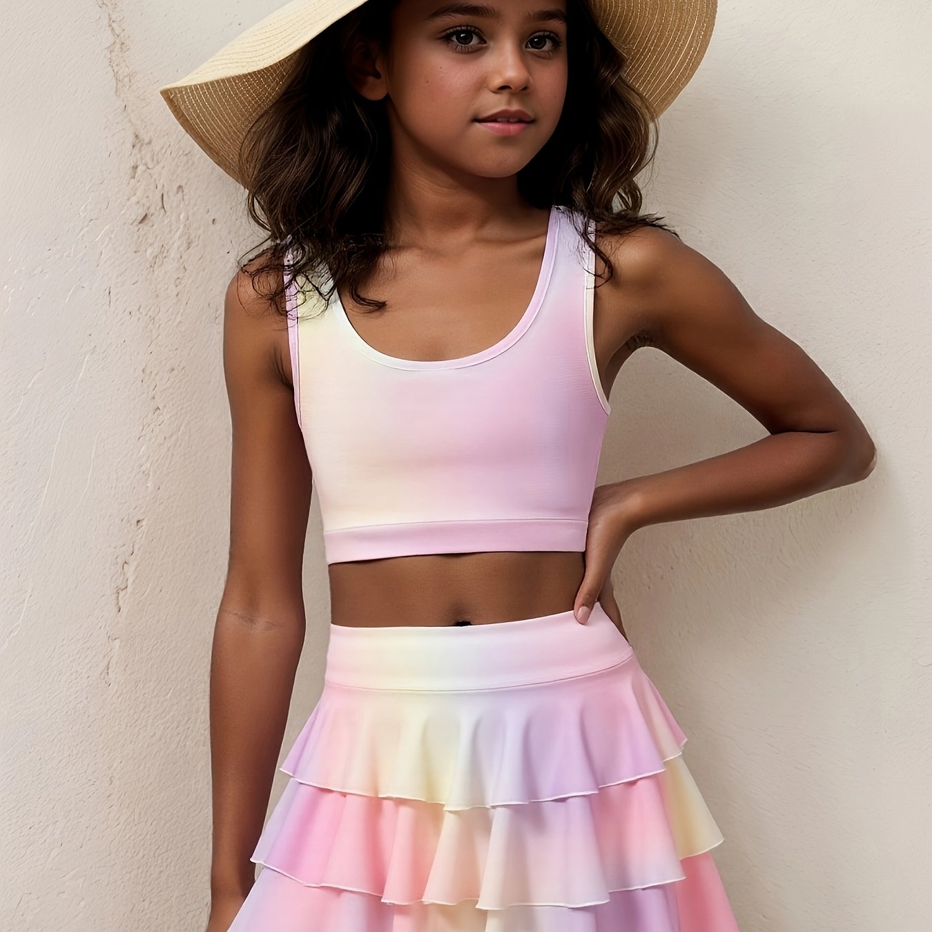 Image of 2pcs Girls' Sports Yoga Gradient Tank Top + Gradient Skirt, Fitness Outfit Set, Perfect For Outdoor