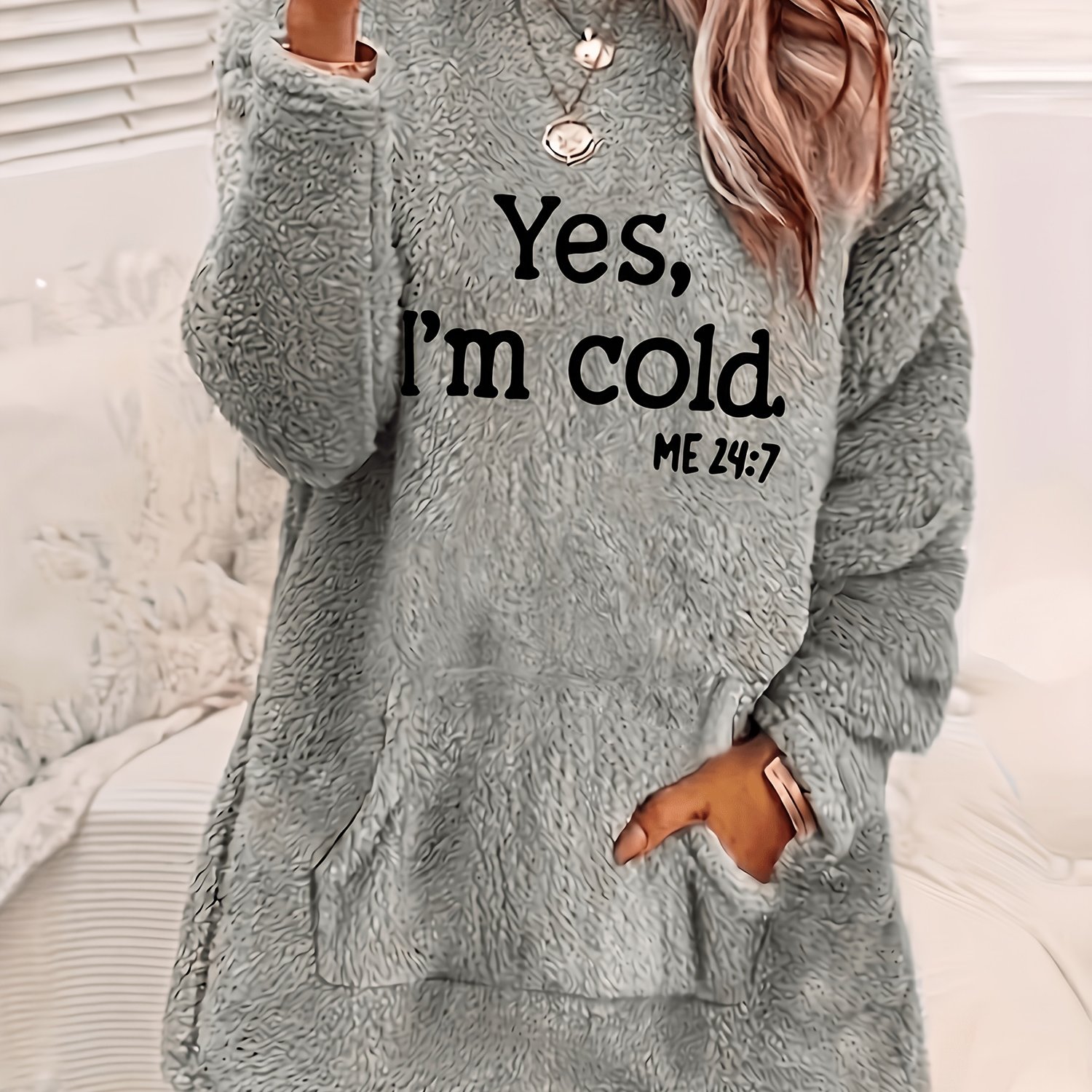 TEMU Haut d'intérieur en peluche pour femmes, style décontracté et amusant, imprimé textuel ludique et col rond, coupe , pour la détente à / Tenue