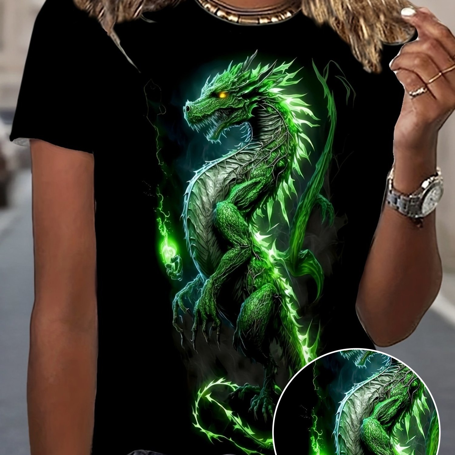 Men's & Black & Green Dragon Print T-shirt - 100% Short Sleeve Crew Neck, /korean/ Inspired Fantasy Tee, Casual Shirt With Glowing-like Dragon Design, Machine Washable Regular