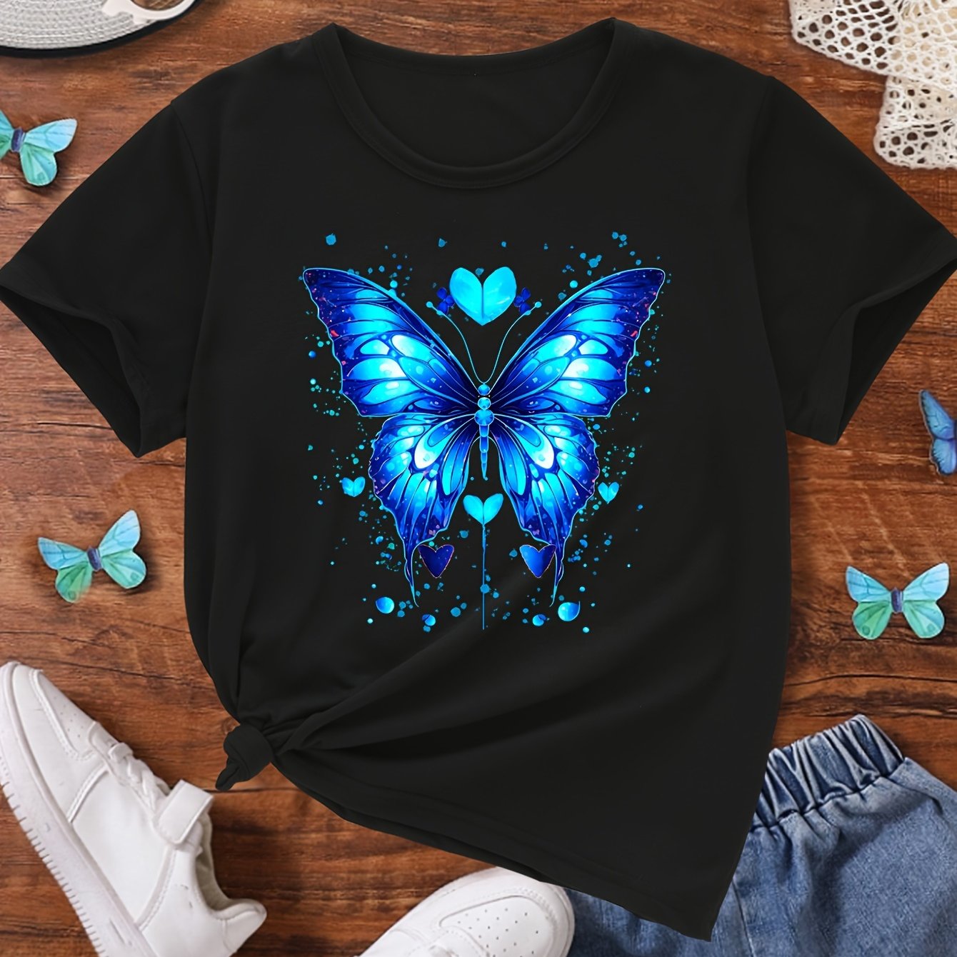 Td61013 Teenage Girls Colorful Pattern Print Beautiful Blue Round Neck Summer Trendy Fashion T-shirt