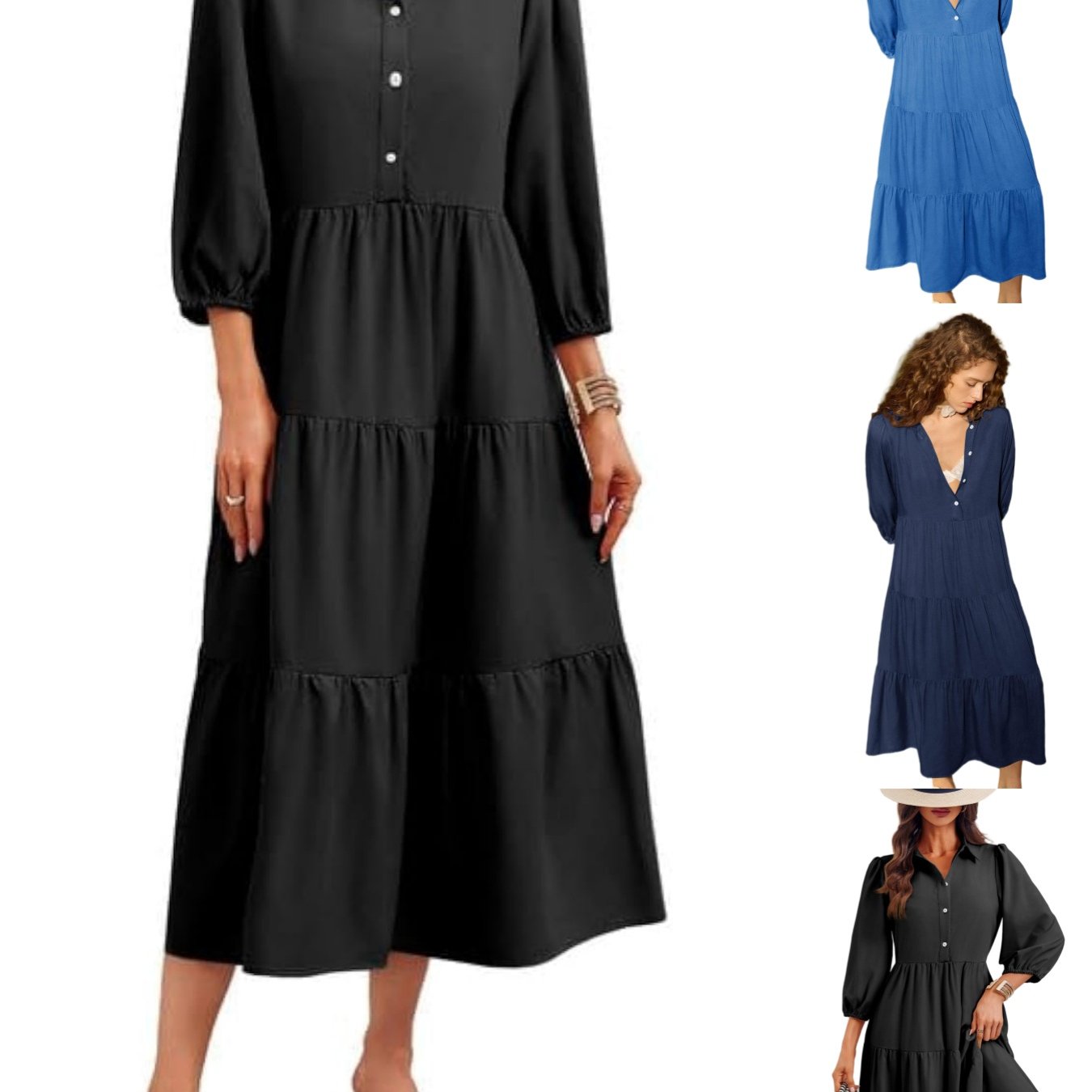 Image of Women' Spring Summer 3/4 Sleeve Shirt Dress Button V Neck Tiered Collared Casual Flowy Maxi Dress