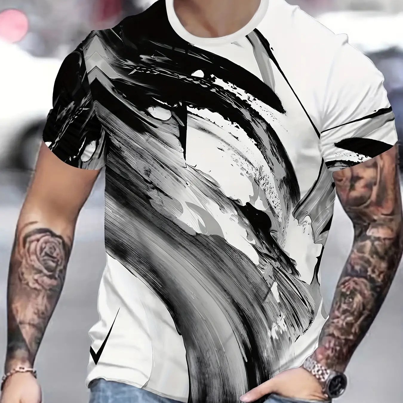 TEMU Digital Printing - Men's Innovative T-shirt - Black And White Abstract Design, Casual Short-sleeve Round Neck, Soft Fabric, Machine Washable