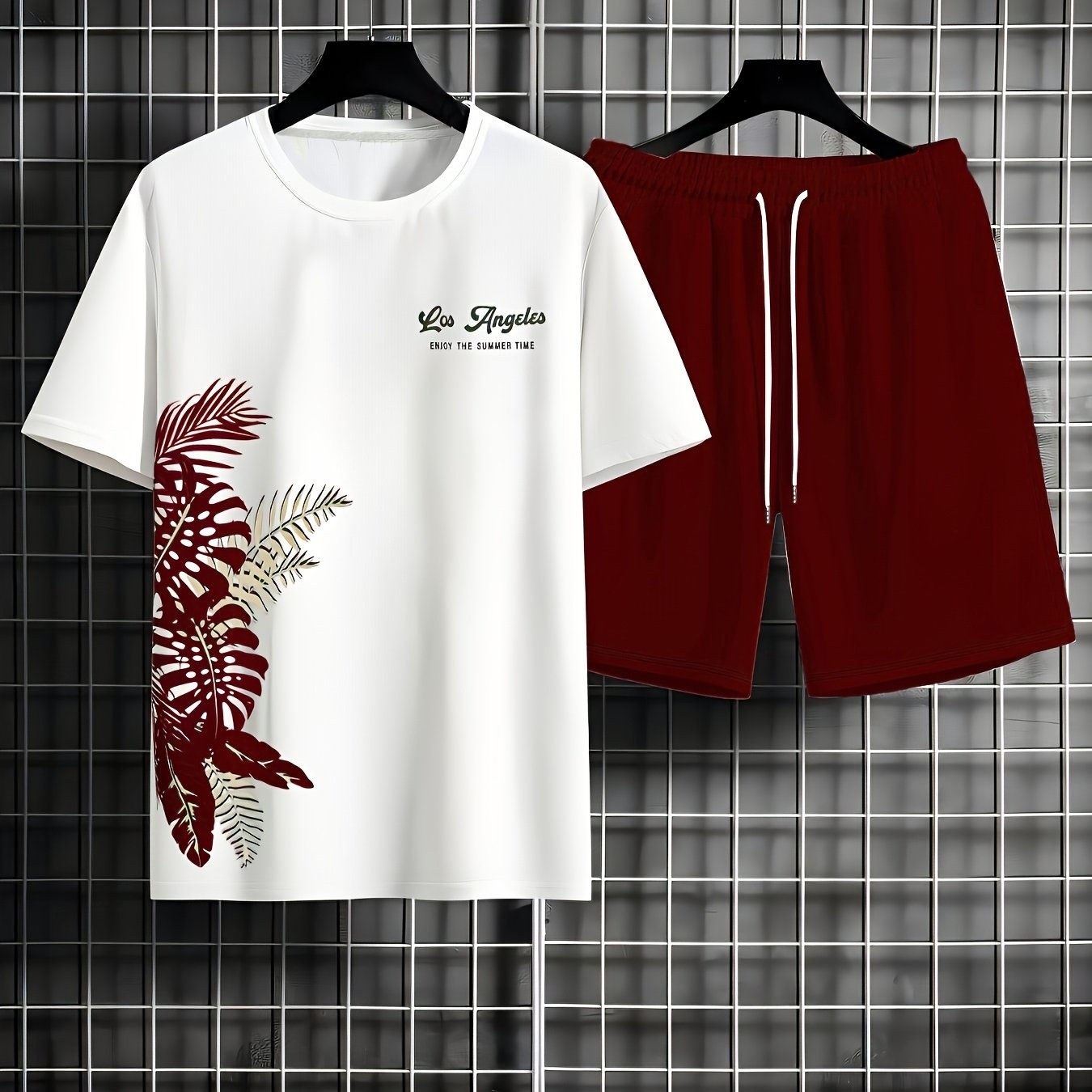 TEMU [printed Design - Not Textured] Summer Outdoor Sports Coconut Tree  Los Angeles Summer Print 2pcs Set, Short-sleeve T-shirt And Shorts Set