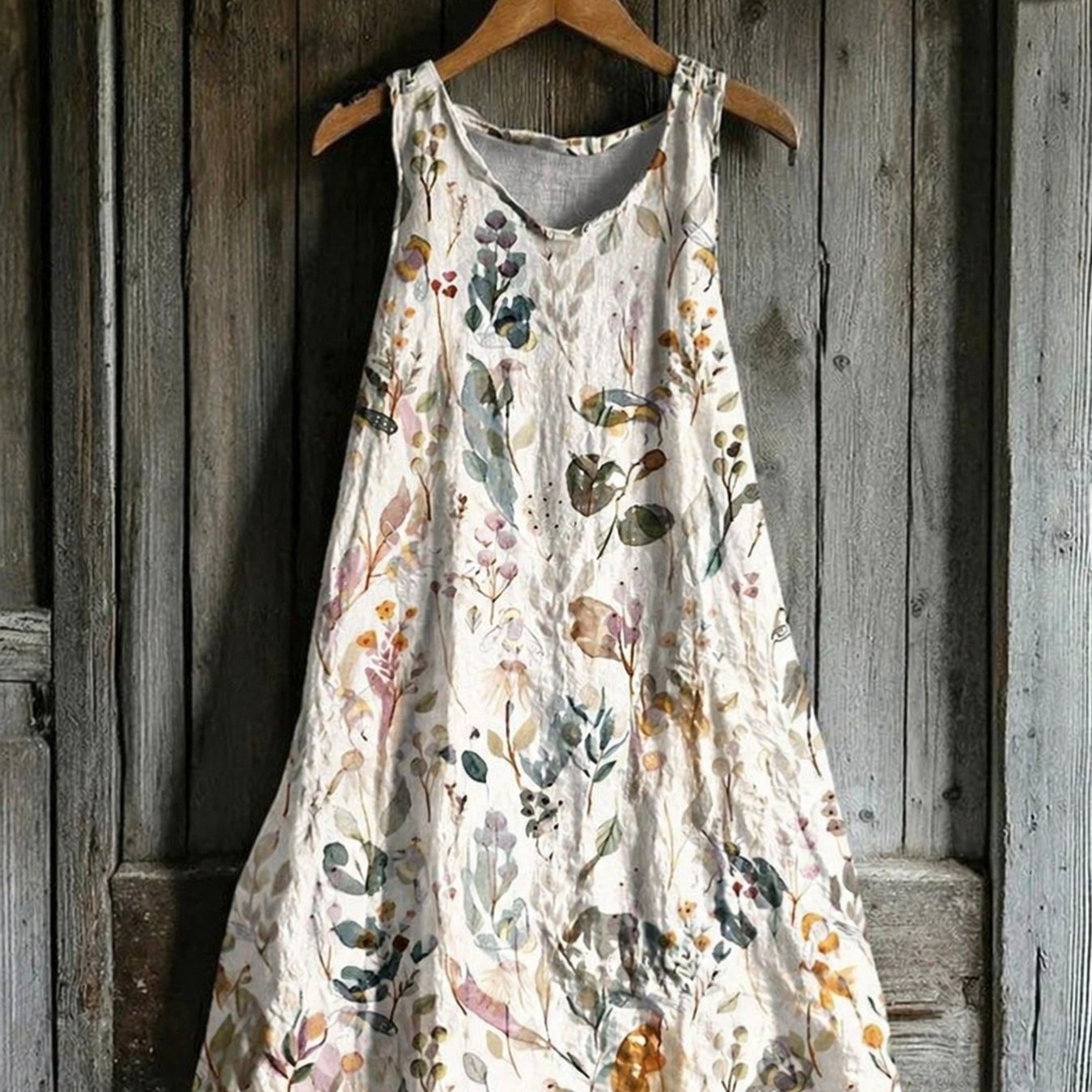 Plus Size, Women's Plus Size Sleeveless Midi Dress, Morandi Watercolor Botanical Print, Ultra-comfortable Fabric