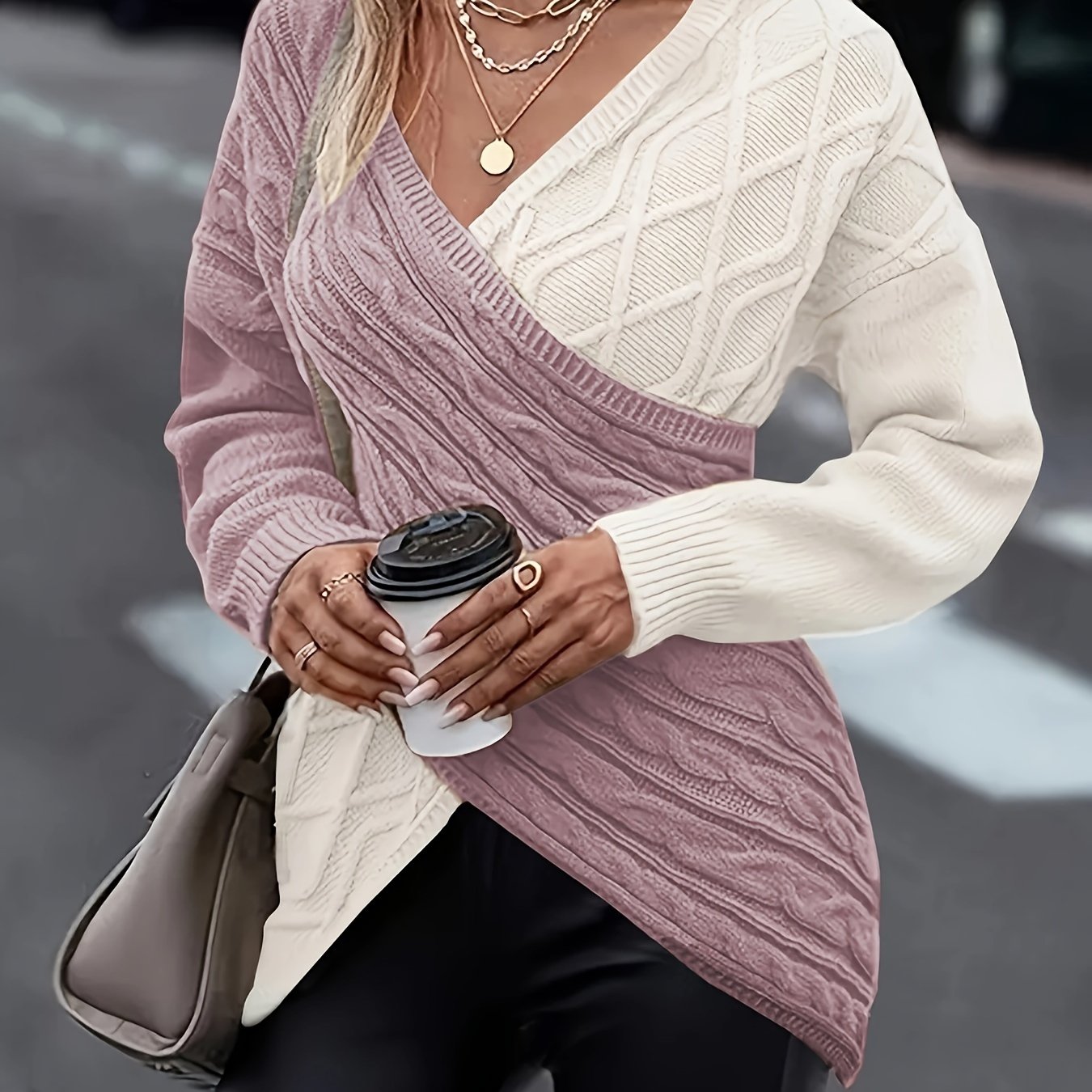 TEMU Plus Size Twist Front Colorblock Sweater, Casual Long Sleeve V Neck Sweater For Fall & Winter, Women's Plus Size clothing