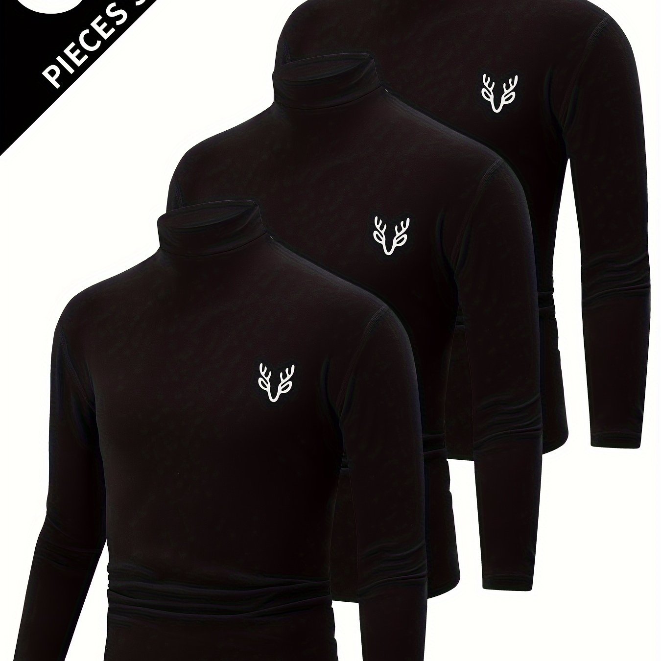 TEMU Ensemble 3 pièces T-shirt à manches longues et col mandarin en pour homme, automne-hiver, , épais, chaud, couche de base décontractée, pull en