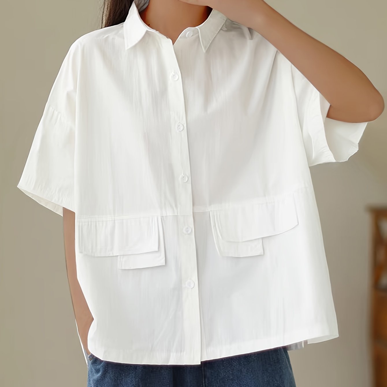 Loose Open Cardigan With Button-up Front And Pocket Flap Short Sleeve Shirt