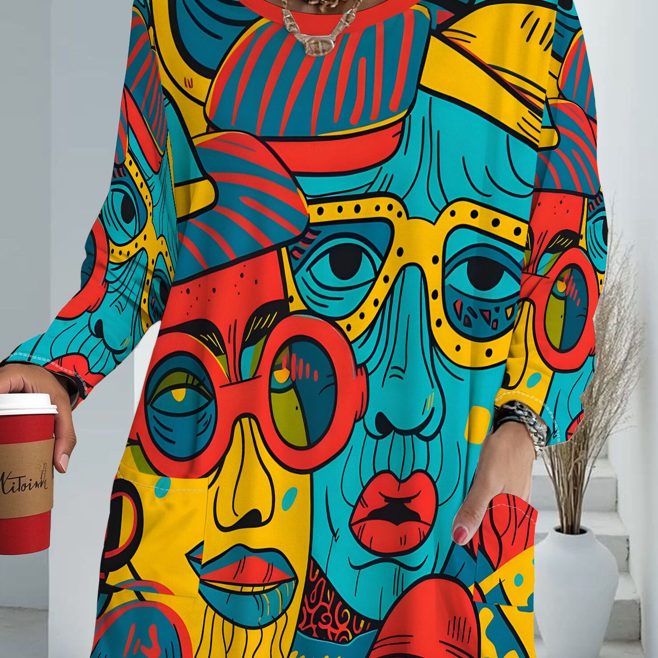 TEMU Women's Plus Size Loose Fit T-shirt With Pockets, Featuring A Fashionable Abstract Print, Street Long Top, Versatile And Women's Fashion Item