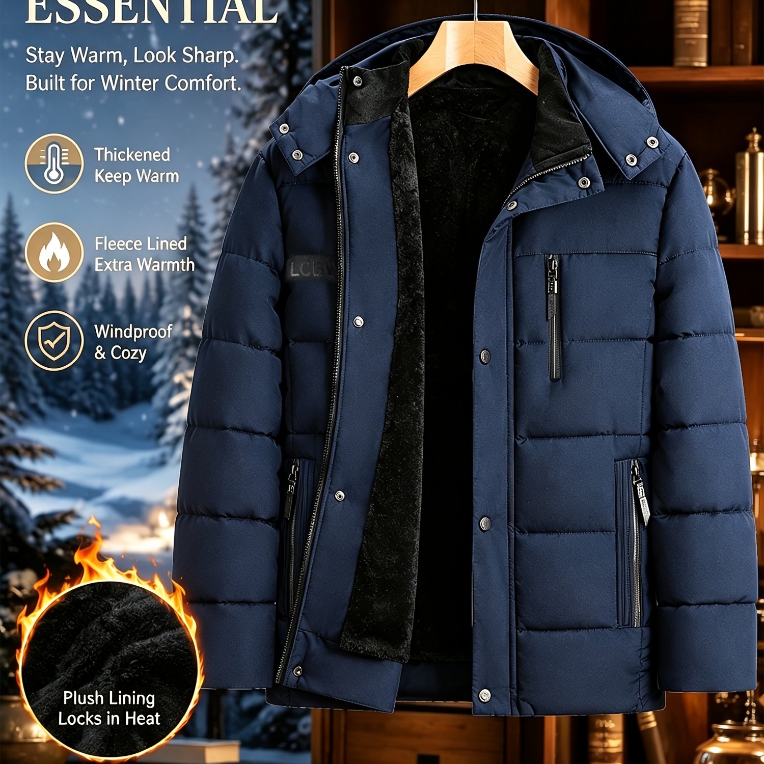 Image of Autumn And Winter Men's Fashion Casual Hooded Jacket, Lining For , Detachable Hood, Zipper Pockets And Inner Pockets, Thick And Comfortable, Suitable For Cold Outdoor Activities, Daily