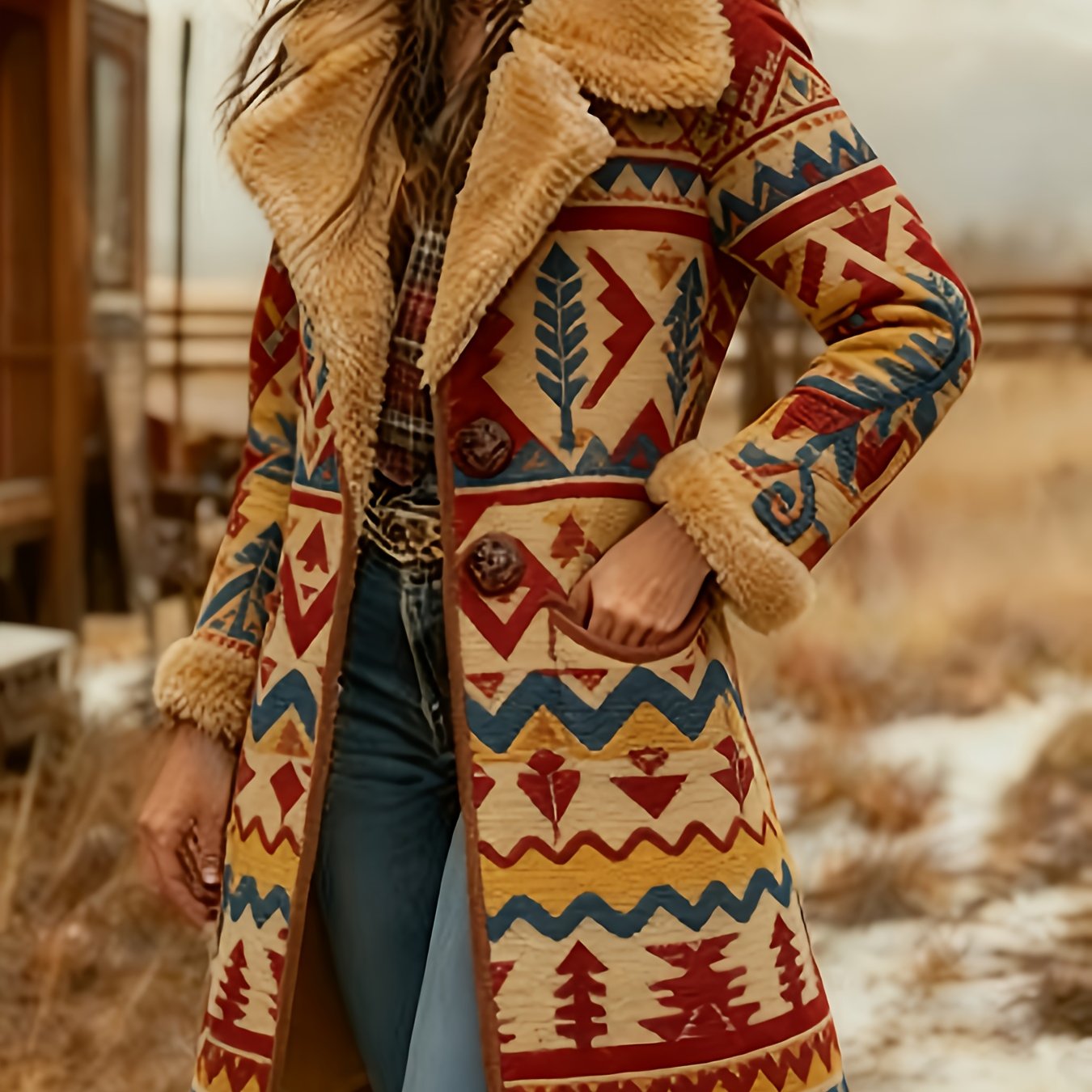 Printed Design Not Textured Ladies' Western Retro Style Autumn And Winter Warm Long-sleeved Retro Printed Jacket Coat - Western Printed Jacket Lapel Coat