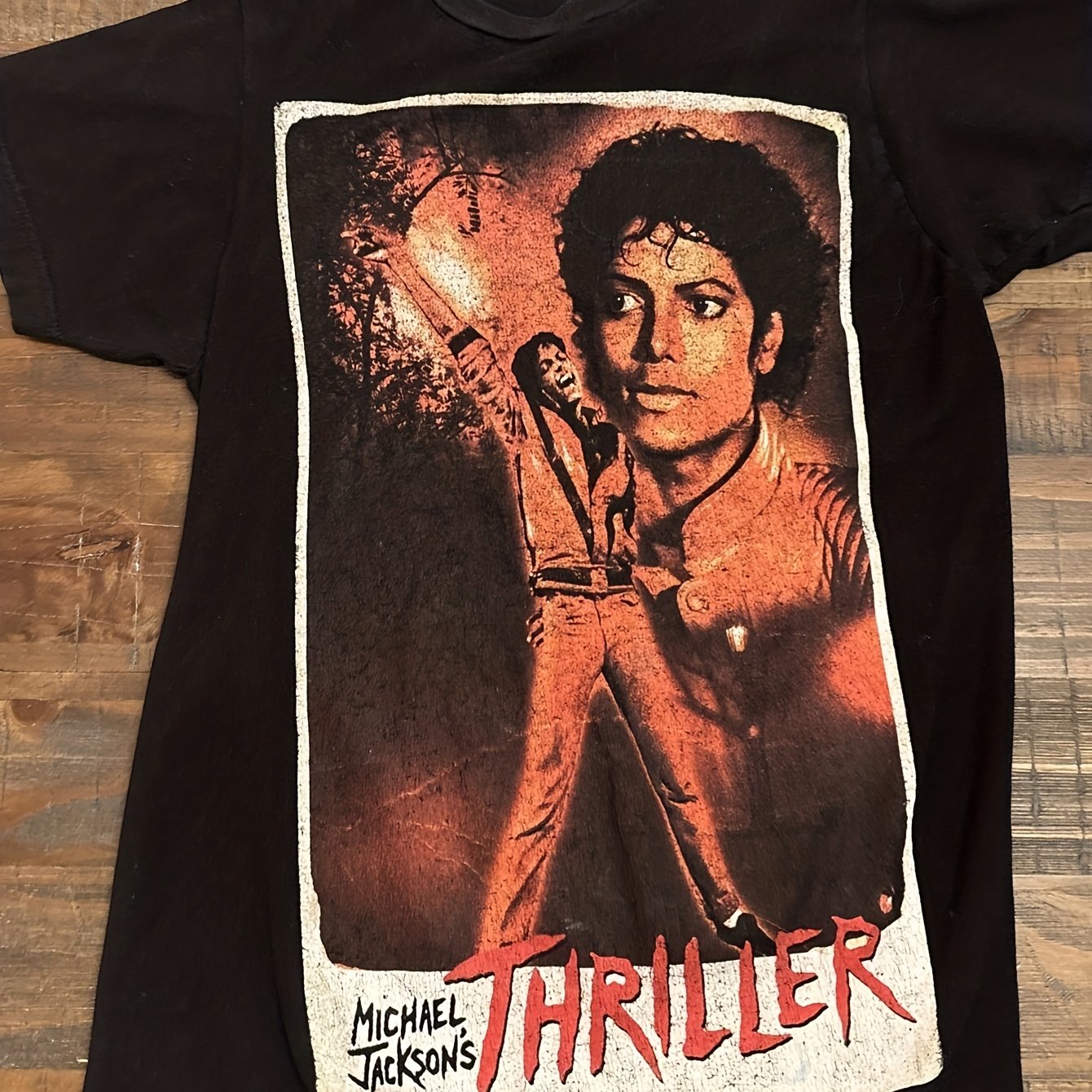 Image of Women's T-shirt - Iconic Album Print Short Sleeve Crewneck Tee, Black Casual Shirt With Jacket Design, Size Xs For Wear & Mj Fan Apparel