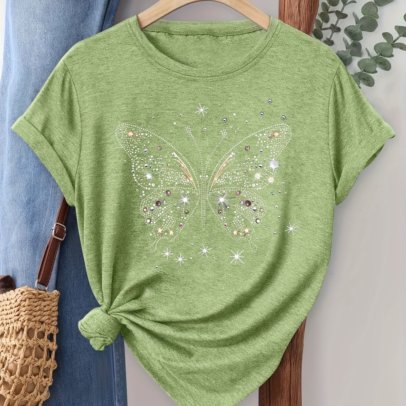 TEMU Women's Insect And Animal Short-sleeve T-shirt, White And Star Rhinestone Print, Family Set, Comfortable, Soft, And Breathable, New Women's