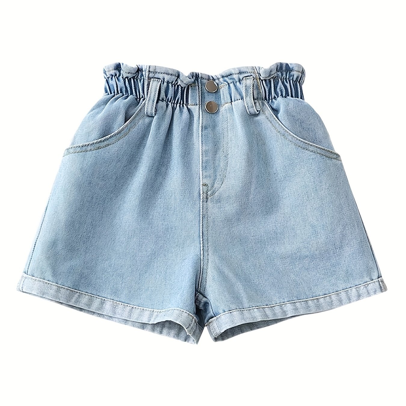 Girls' Denim Shorts, Summer Essential, Light Blue Washed Denim, Lace Waistband Design, Cute And Elegant, Suitable For Children Aged 3 And Up