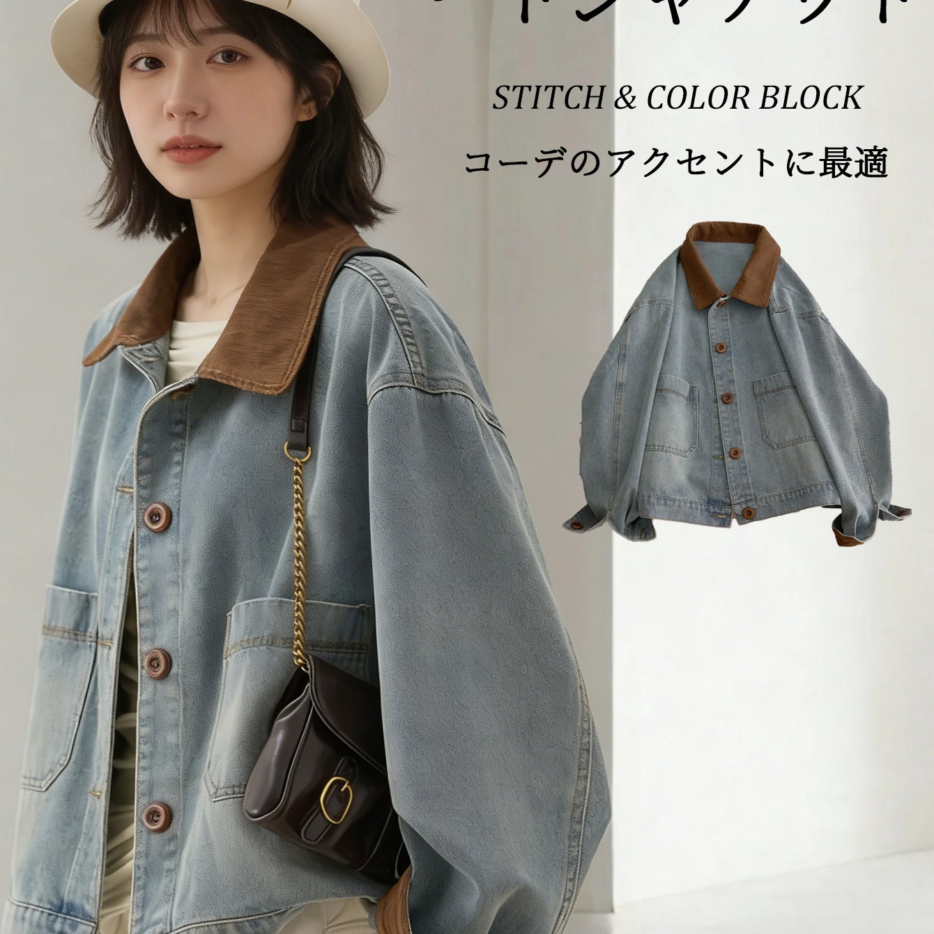 TEMU 【商品名】レディース コーデュロイ カラー パッチワーク トラッイル ショート ド デニム ジャケット - 春と秋のレイヤリングに最適なショート ド デニム ジャケット、普段使いになワークウェア風ブレザー