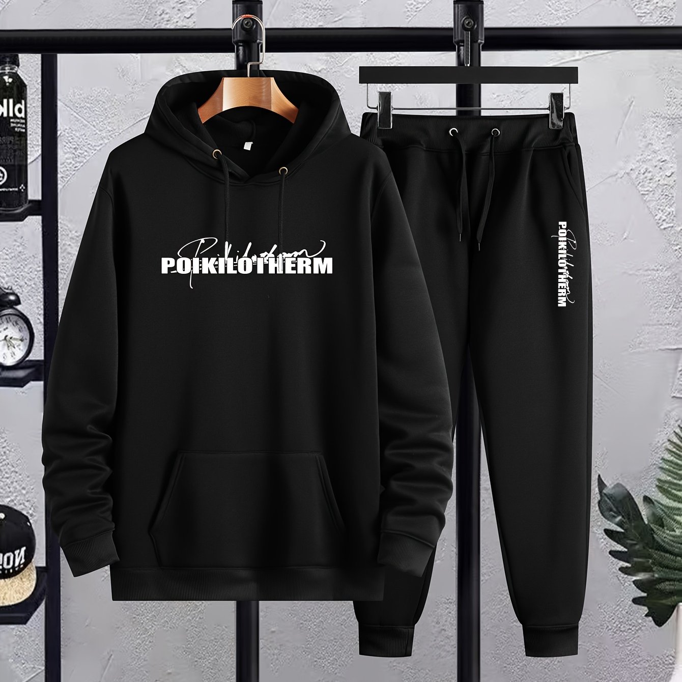 TEMU Plus Size Men's Letters Graphic Print Hooded Sweatshirt & Sweatpants Set, 2pcs Outfits