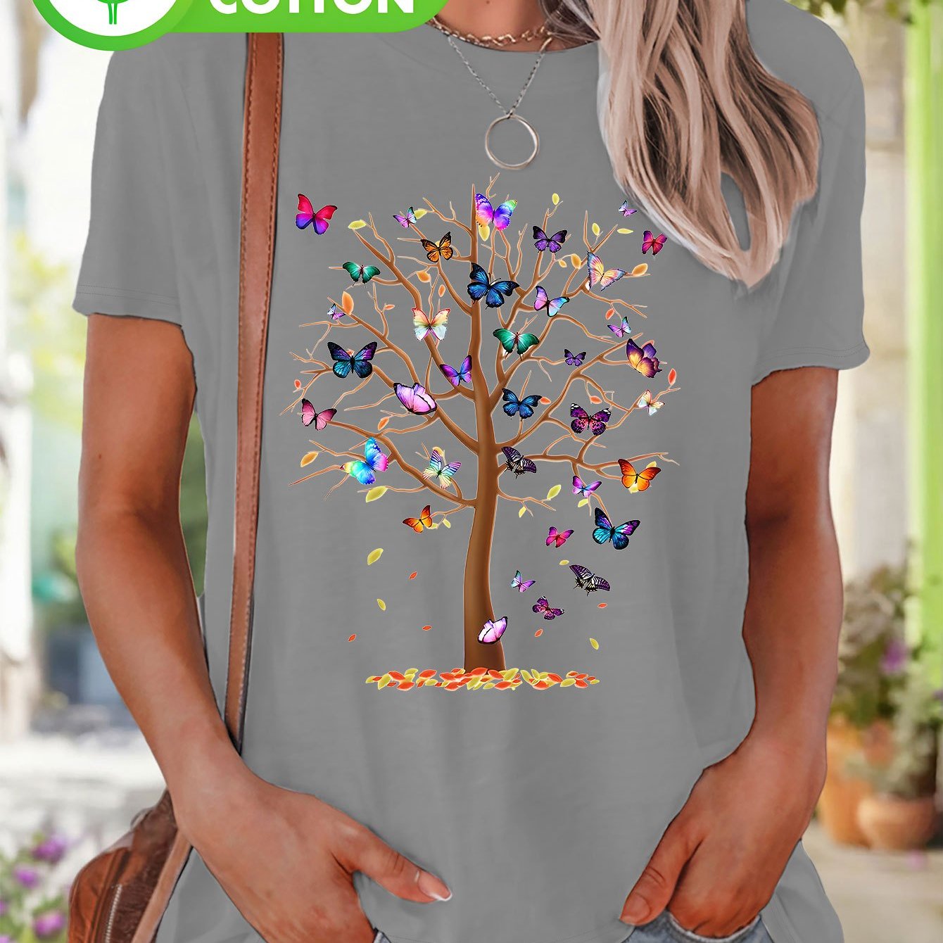 Image of Plus Size, Damen Plus Size Top Mit Schmetterlingsdruck Rundhals Kurzarm